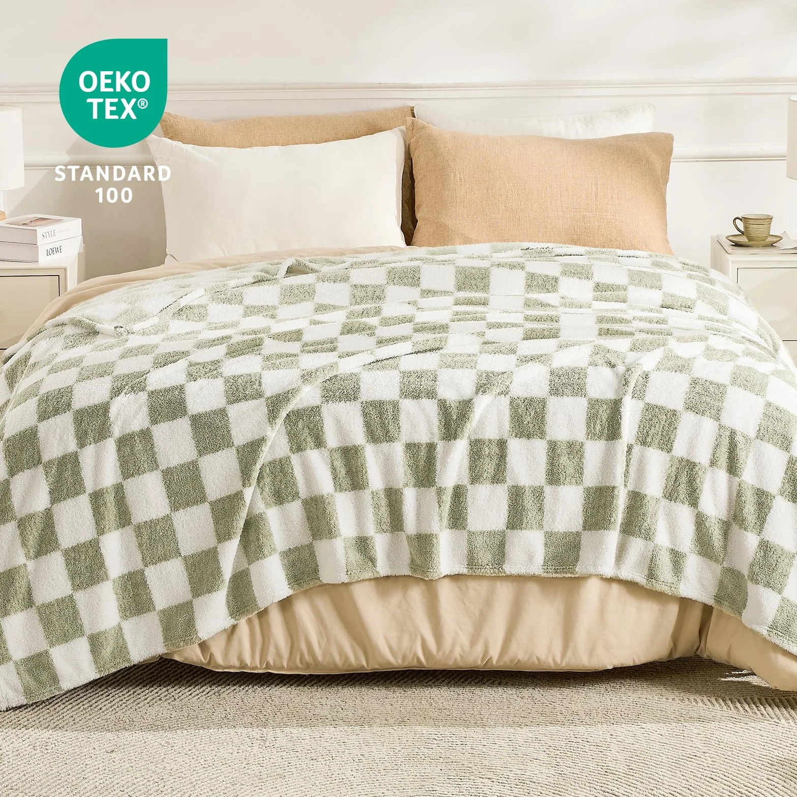 EMME Koc w kratę twin size 150 x 200 cm – zielony, miękki i puszysty koc dzianinowy z wzorem na kanapę, sofę, fotel, łóżko, do campingu, na piknik i w podróż