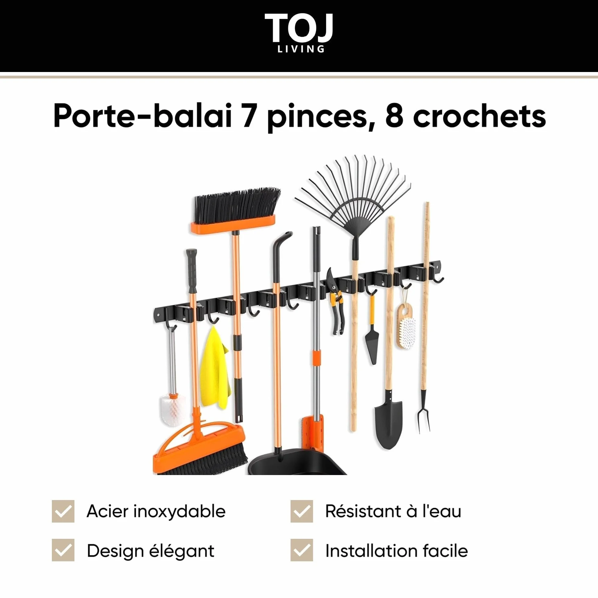 TOJ Living Uchwyt na miotłę na ścianę – narzędzia ogrodowe – uchwyt na miotłę – uchwyt ścienny – 7 uchwytów – 8 haczyków – 82 cm – stal nierdzewna – czarny