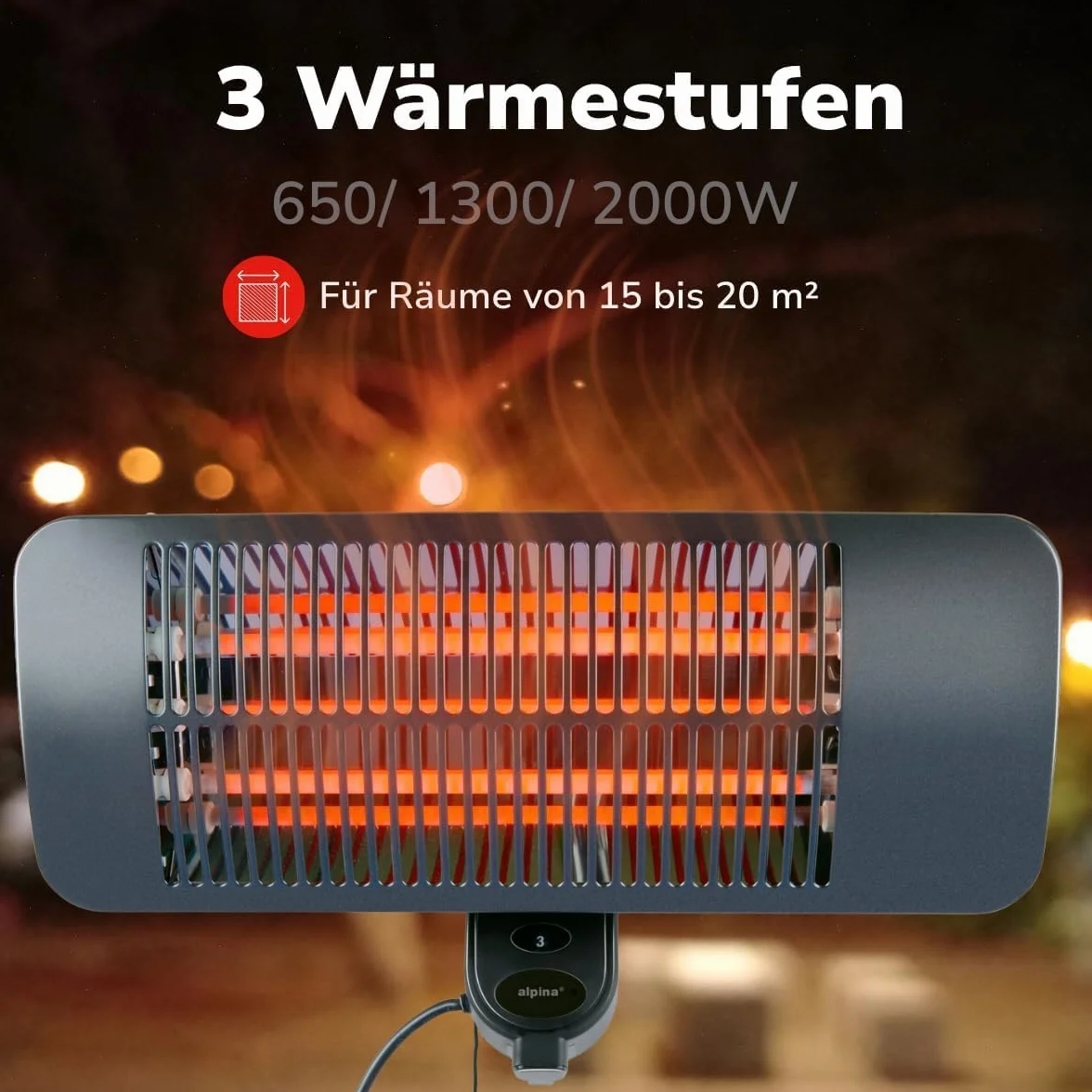 alpina Wiszący promiennik podczerwieni na taras, 2000 W, 3 stopnie ogrzewania, odporny na zachlapanie wodą grzejną, IP34 z lampą na podczerwień, ogrzewanie tarasowe