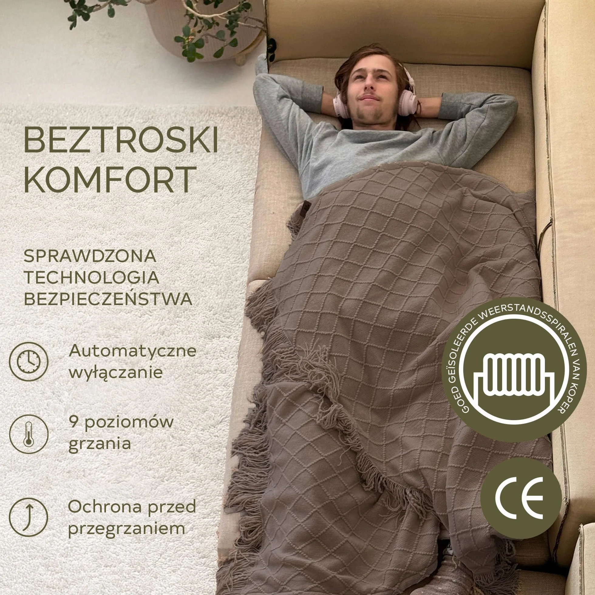 Groenland BOHEM koc elektryczny 180 x 130 cm – koc termiczny z 9 poziomami ciepła i funkcją automatycznego wyłączania – duży koc elektryczny na łóżko i sofę – koc elektryczny do prania – czerwony