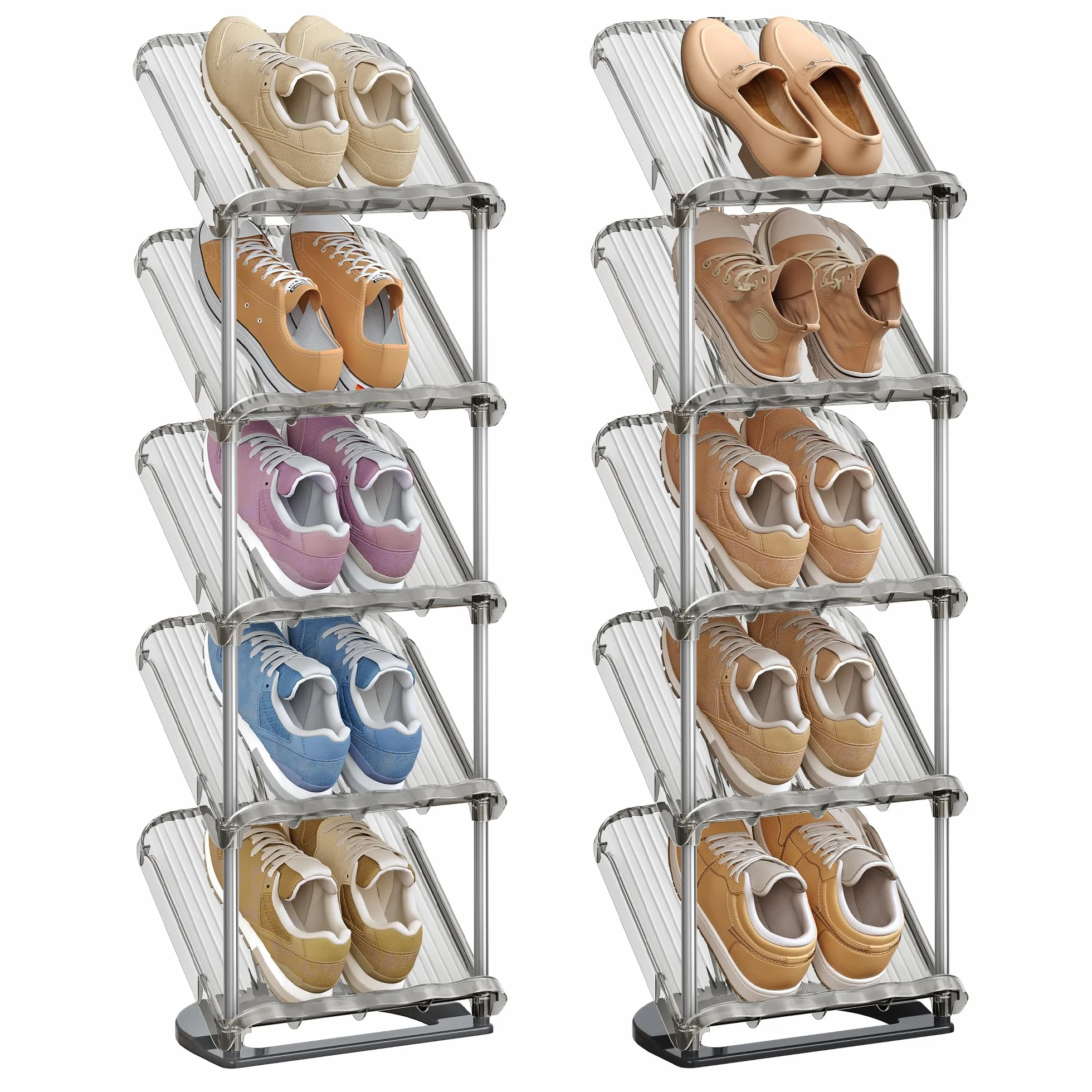 SONGMICS Półka na buty, 5 poziomów, zestaw 2 szt., skośna półka na buty, organizer na buty, plastik, 24,5 x 28,4 x 102,5 cm, elastyczne opcje łączenia, wejście, korytarz, garderoba, szary LPC050GZ01