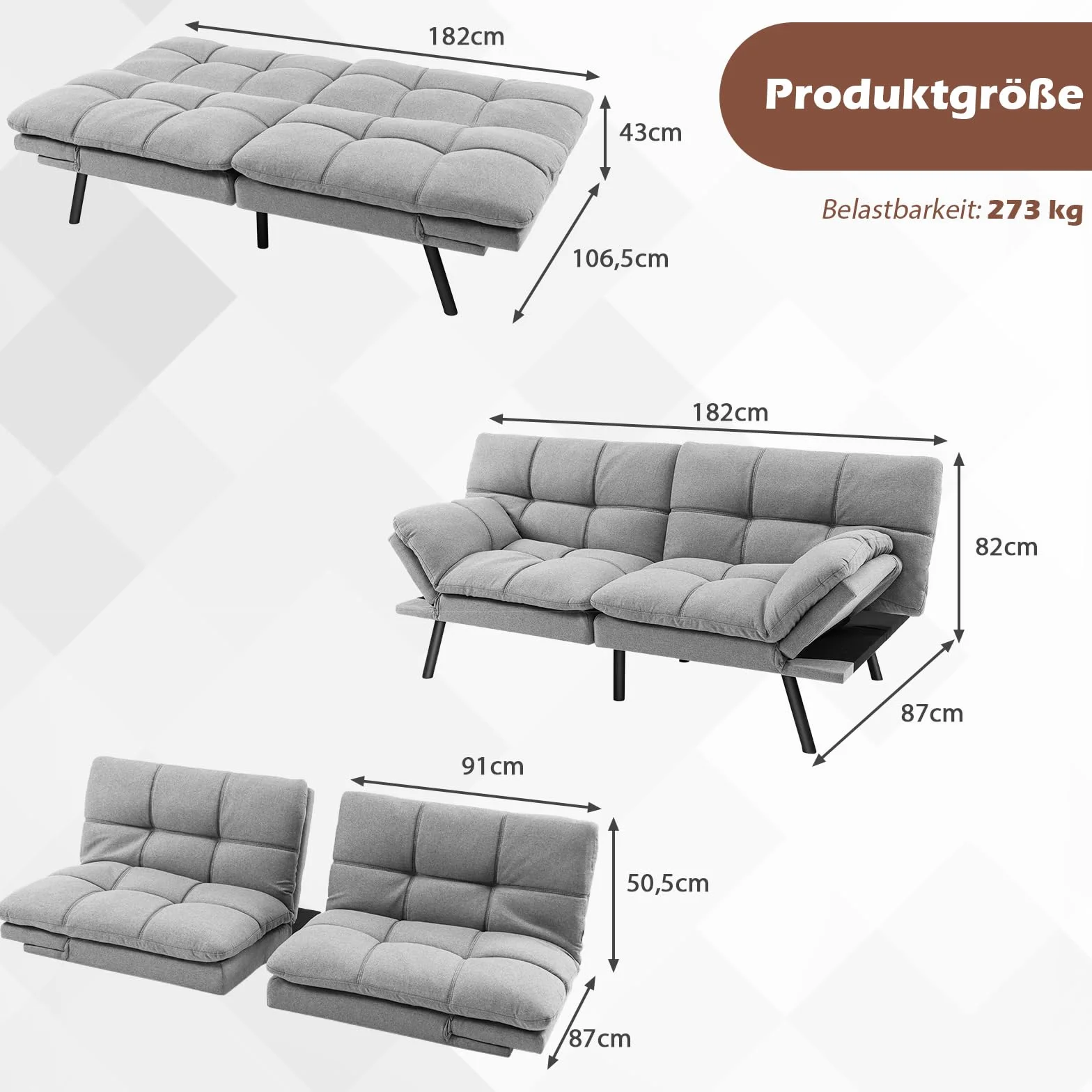 COSTWAY Składana sofa z funkcją spania, rozkładana sofa do spania z regulowanym oparciem, duża powierzchnia do leżenia 182 x 106,5 cm, do salonu, TH32548SDDE