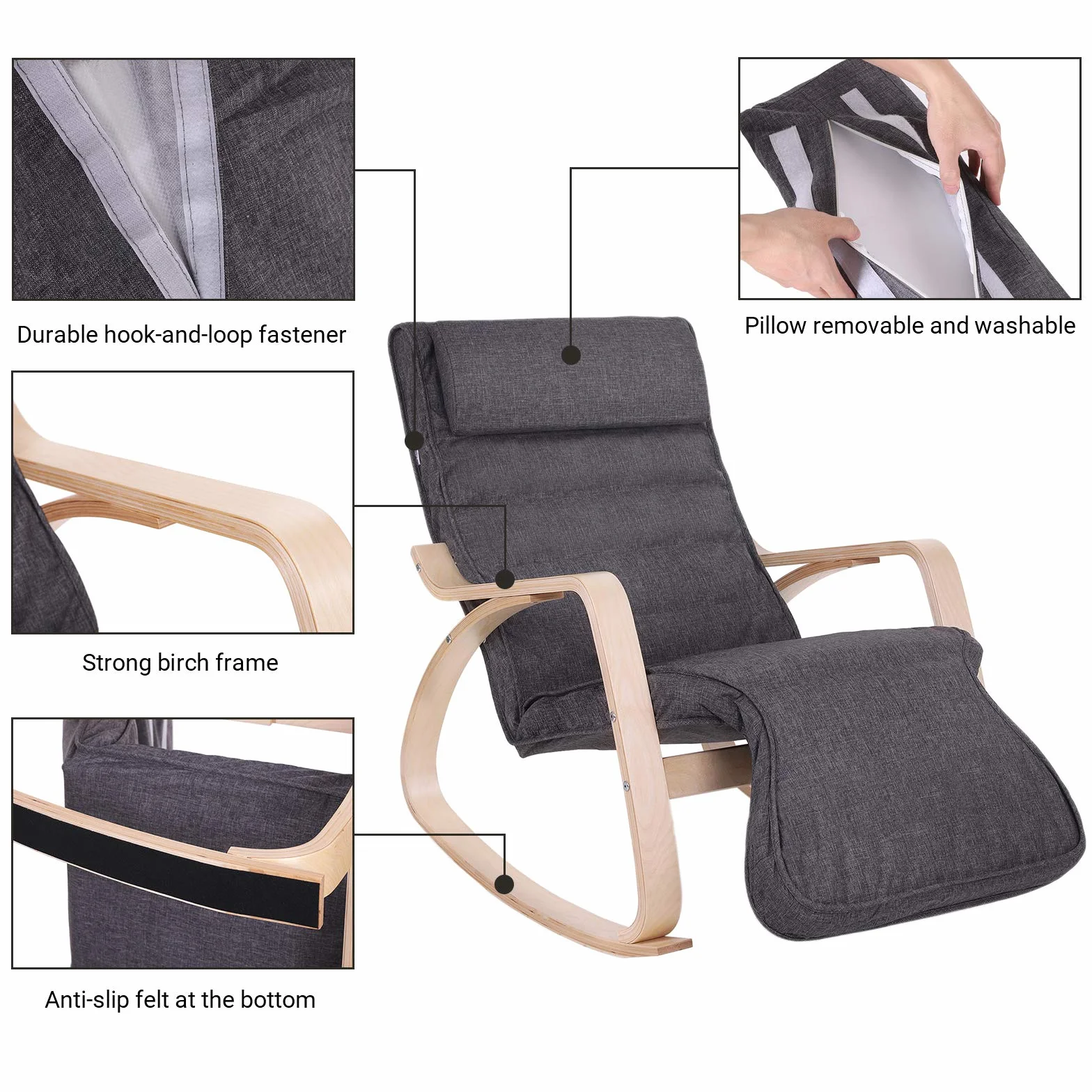 SONGMICS LYY42GYZ Fotel bujany, z 5-stopniową regulacją podnóżka, fotel relaksacyjny, obciążenie 150 kg, stelaż z drewna brzozowego, obicie z imitacji lnu, ciemnoszary