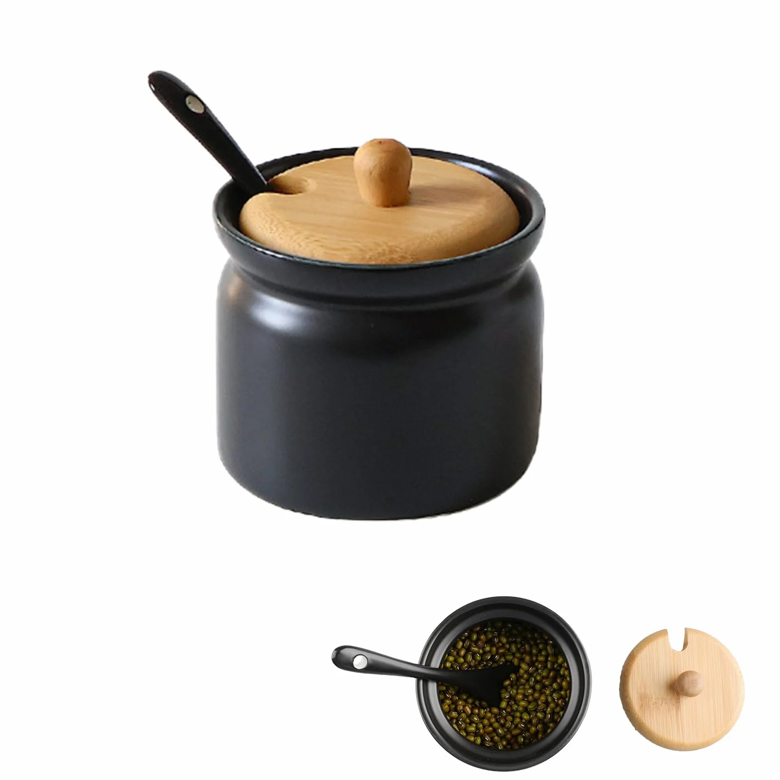 Ceramiczne słoiki na cukier z pokrywką, puszka na cukier czarna, hermetyczna puszka na kawę, z małą łyżeczką ceramiczną do kawy, cukru, herbaty, przypraw itd. (180 ml 6,8 x 8 cm)
