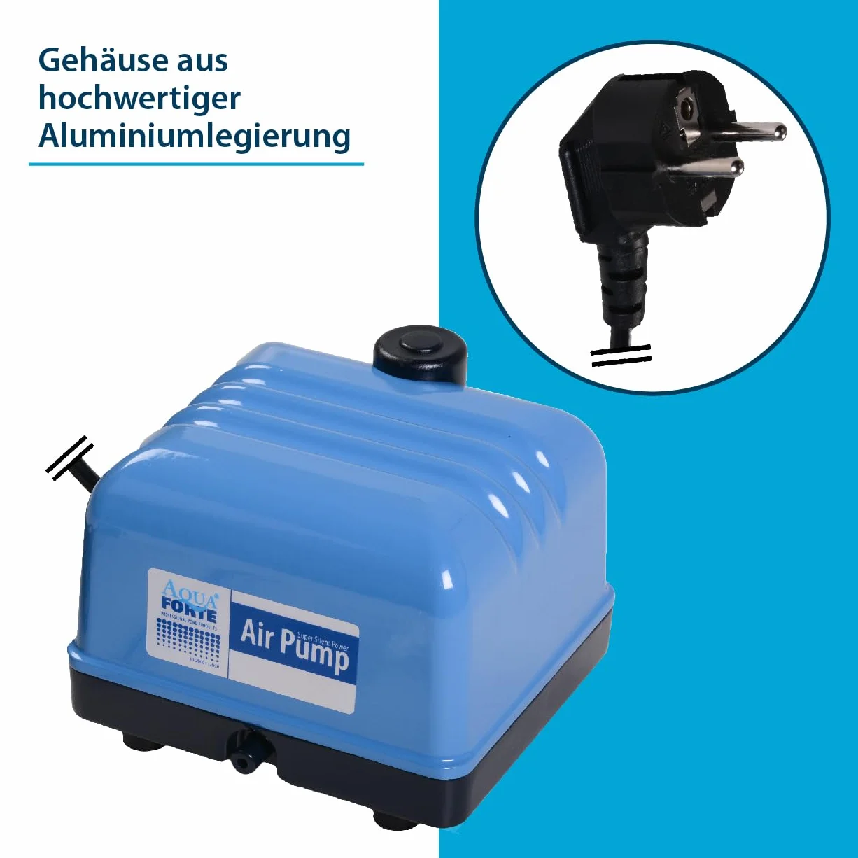 AquaForte Pompa powietrza Hi-Flow V-30, aluminiowa obudowa, cicha i wydajna, moc 25 W, pojemność przy 2 metrach 7 litrów na minutę, maksymalna pojemność stawu 18 m3, bez regulacji