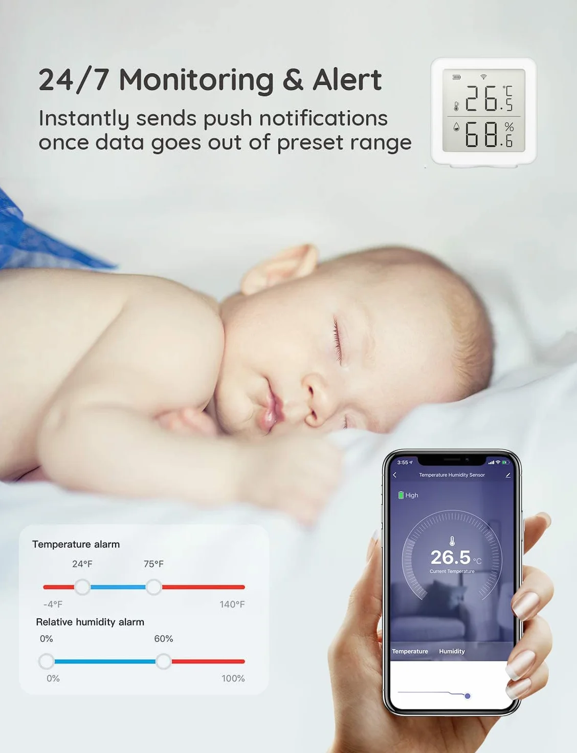 Inteligentny termometr Wi-Fi, higrometr, czujnik temperatury wewnętrznej, alarm powiadomień o aplikacji, bezpłatny eksport danych, cyfrowy pilot do sypialni, piwnicy na wino