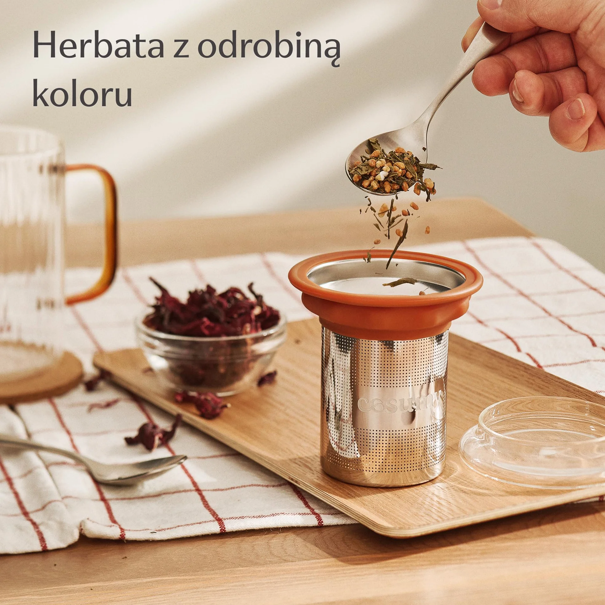 Cosumy Filiżanka do Herbaty z Pokrywką i Sitkiem 450ml - Żaroodporne Szkło Borokrzemowe z Kolorowymi Uchwytami - Korek Podstawka & Filtr ze Stali Nierdzewnej