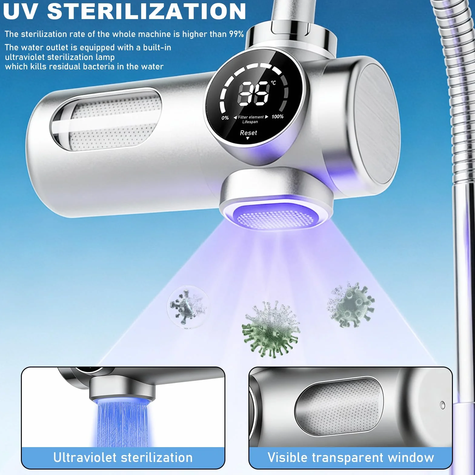 Filtr wody z wskaźnikiem LED, filtr wody do kranu, usuwa chlor, metale ciężkie i kamień, sterylizacja UV (z filtrem), do kuchni, podróży, zwierząt domowych