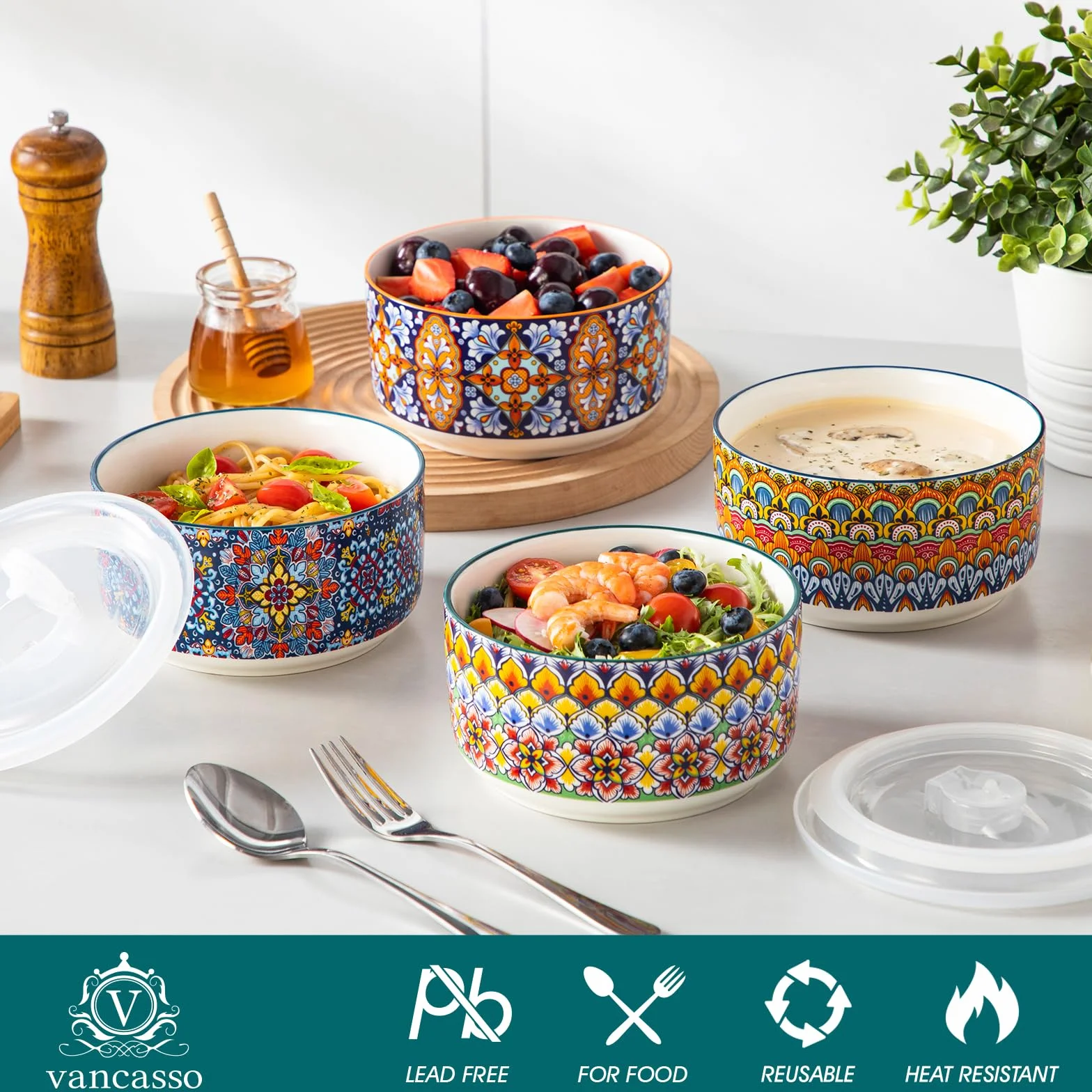 Vancasso Ceramiczne miski z pokrywkami zestaw 4 sztuk pojemniki do przechowywania żywności