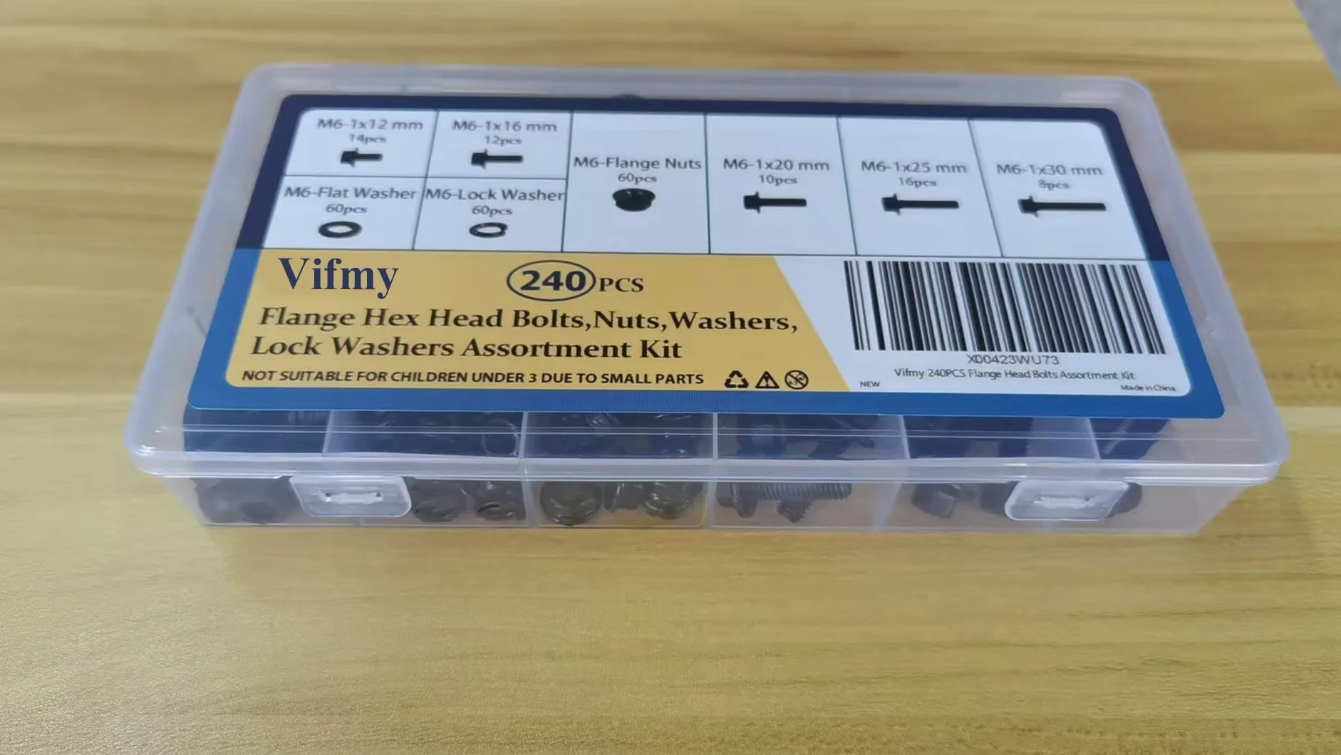Zestaw śrub kołnierzowych sześciokątnych Vifmy M6-1,0 x 12/16/20/25/30 mm (240 sztuk) z nakrętkami kołnierzowymi, podkładkami, śrubą z łbem sześciokątnym, stal stopowa z pełnym gwintem