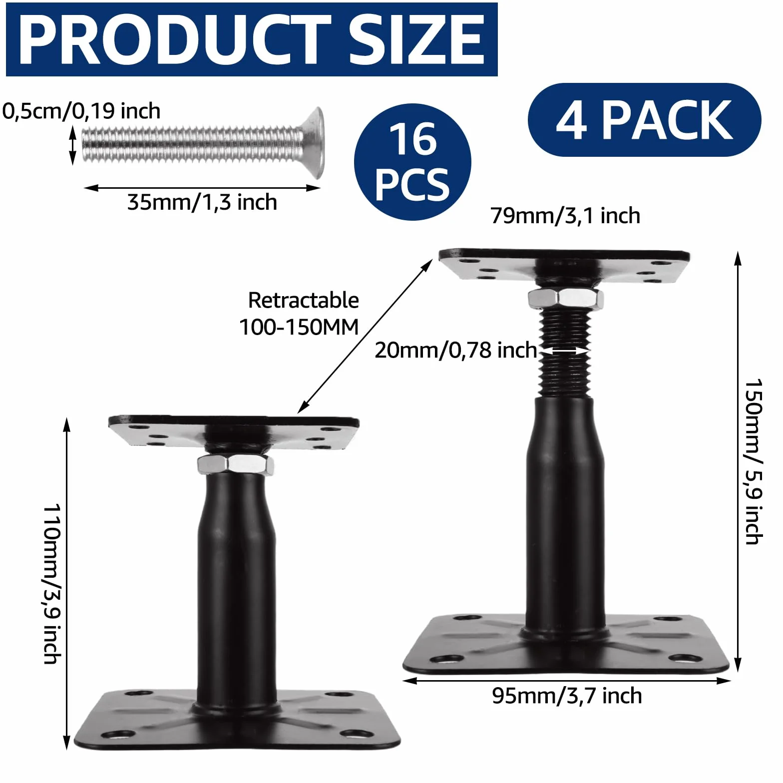 AKOLAFE 4 sztuki wsporników słupków z regulacją wysokości 100-150 mm, podstawa podporowa ze stali ocynkowanej ze śrubami 75 x 95 mm, regulowane wsporniki słupków do zabetonowania tarasów, ogrodzeń