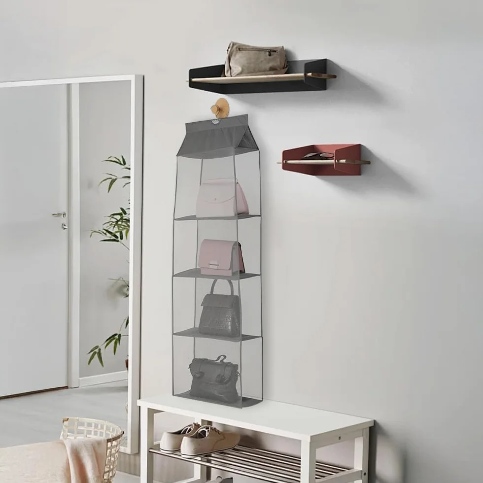 3-częściowy wiszący organizer do torebki, przezroczysta szafka z haczykami, oszczędzająca miejsce siatka, regał, torebka do przechowywania, do szafy, garderoby (szara)