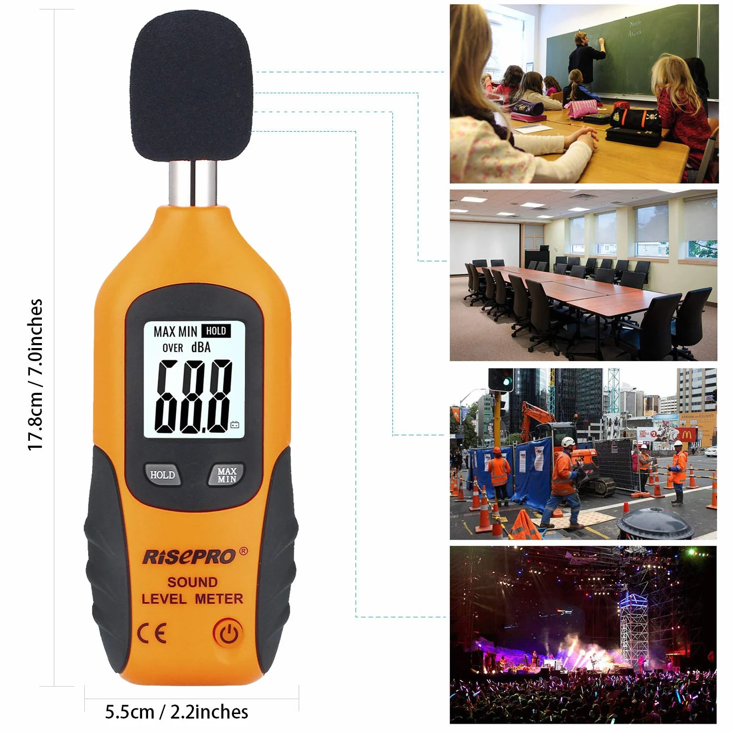 Miernik decybeli, cyfrowy miernik poziomu dźwięku RISEPRO® 30-130 dB, urządzenie do pomiaru szumów, podświetlenie MAX/MIN, automatyczne wyłączanie danych, podwójne zakresy, HT-80A
