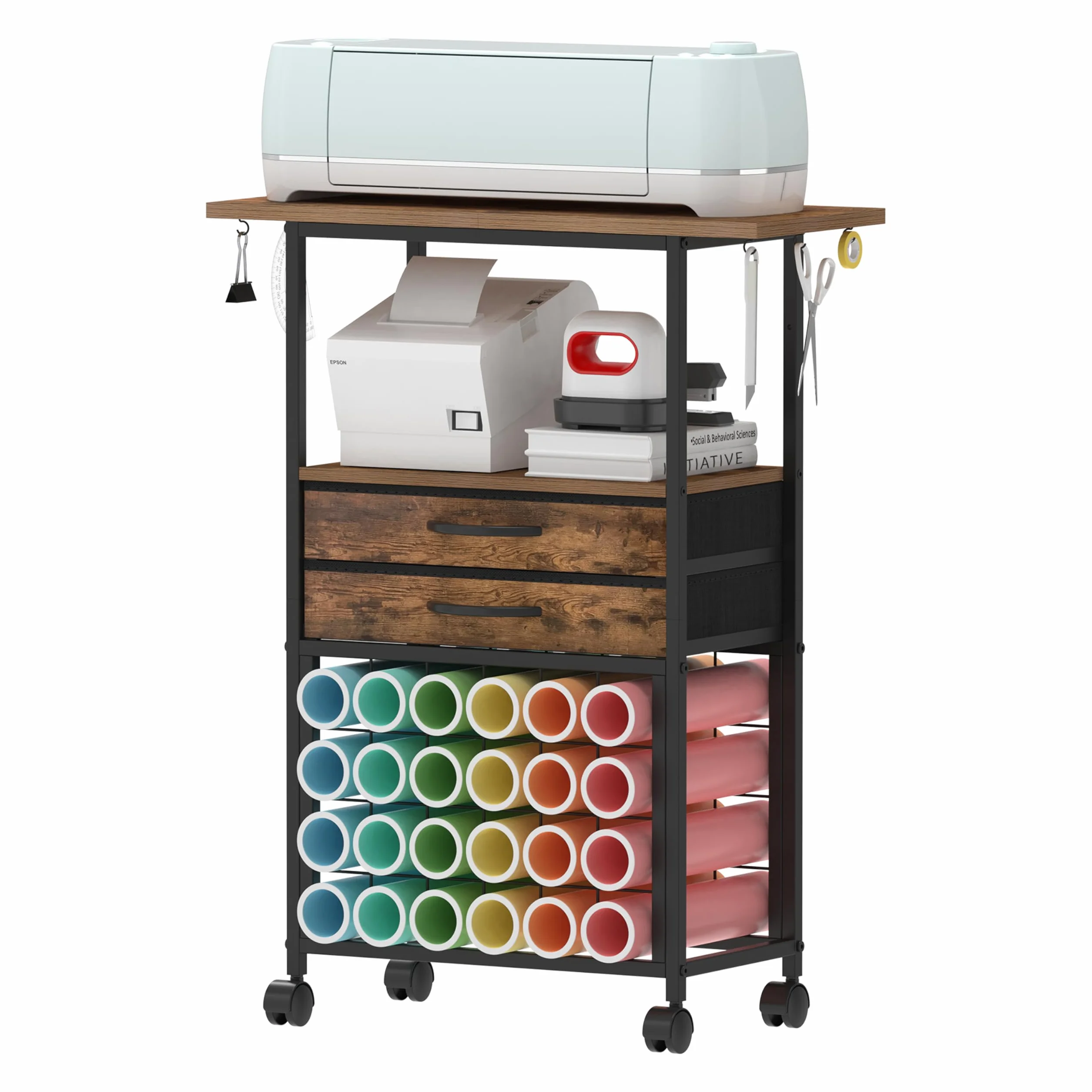 Trironsun Organisation Craft Cart kompatybilny z maszynami Cricut, zwijany organizer rzemieślniczy, 24 uchwyty na rolki winylowe, 2 szuflady materiałowe, do majsterkowania, pokoju rzemieślniczego