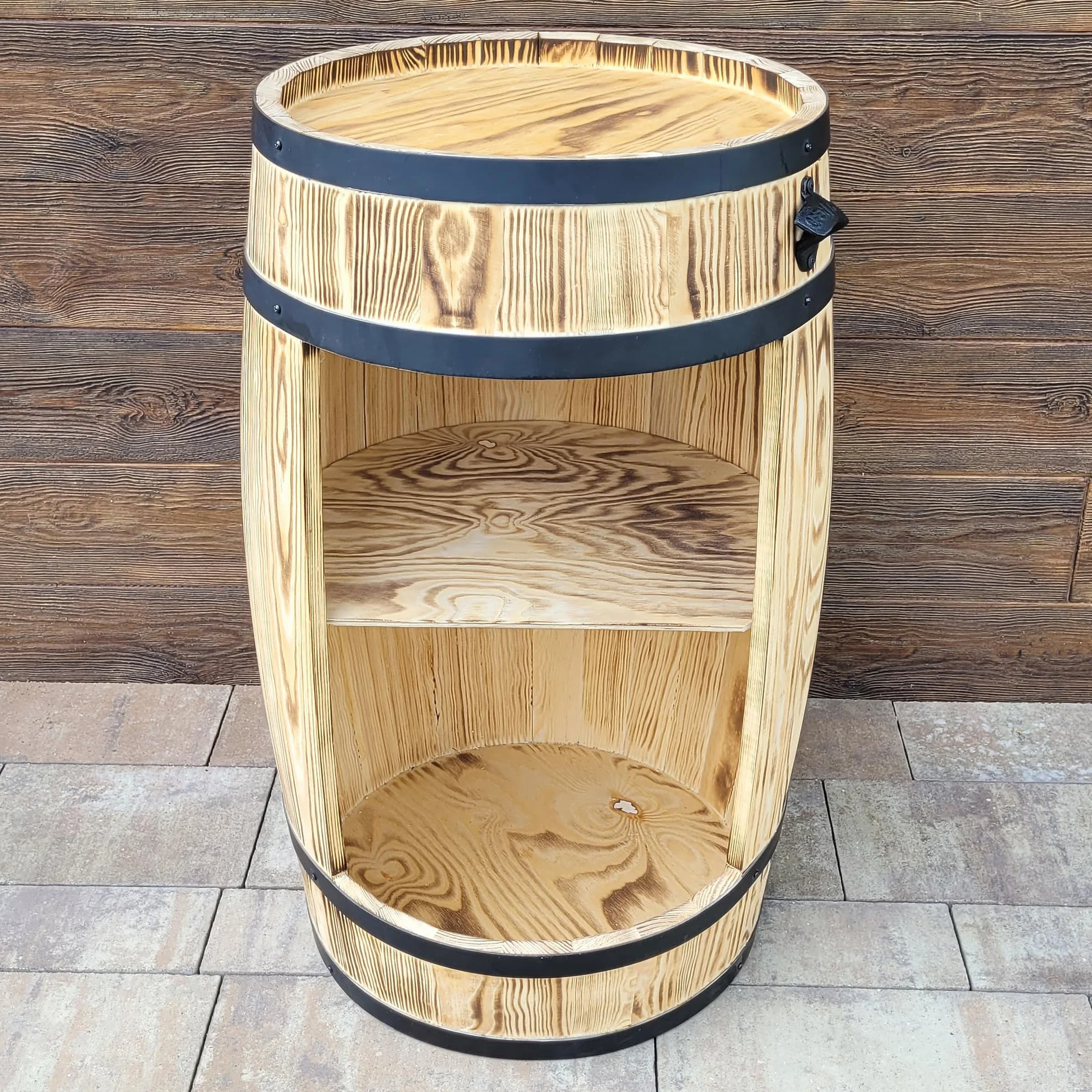 weeco Drewniany regał na wino z lampkami LED i uchwytem na wino – drewniana beczka na szklanki i butelki – beczka – szafka na wino – zestaw upominkowy – stojak na wino 80 x 50 cm