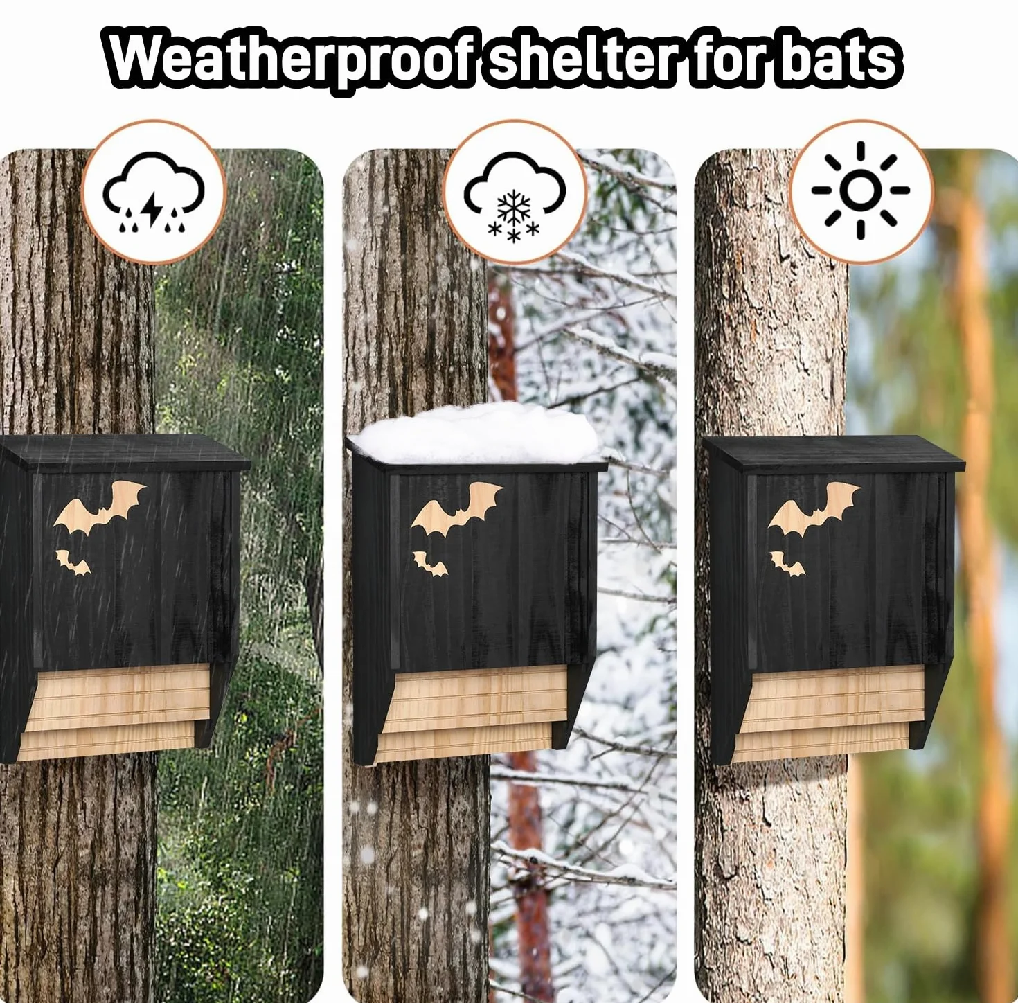 Drewniana skrzynka na nietoperze, podwójna komora, odporny na warunki atmosferyczne domek dla nietoperzy i budka lęgowa, zmontowana, schronienie dla nietoperzy latem i zimą, czarna