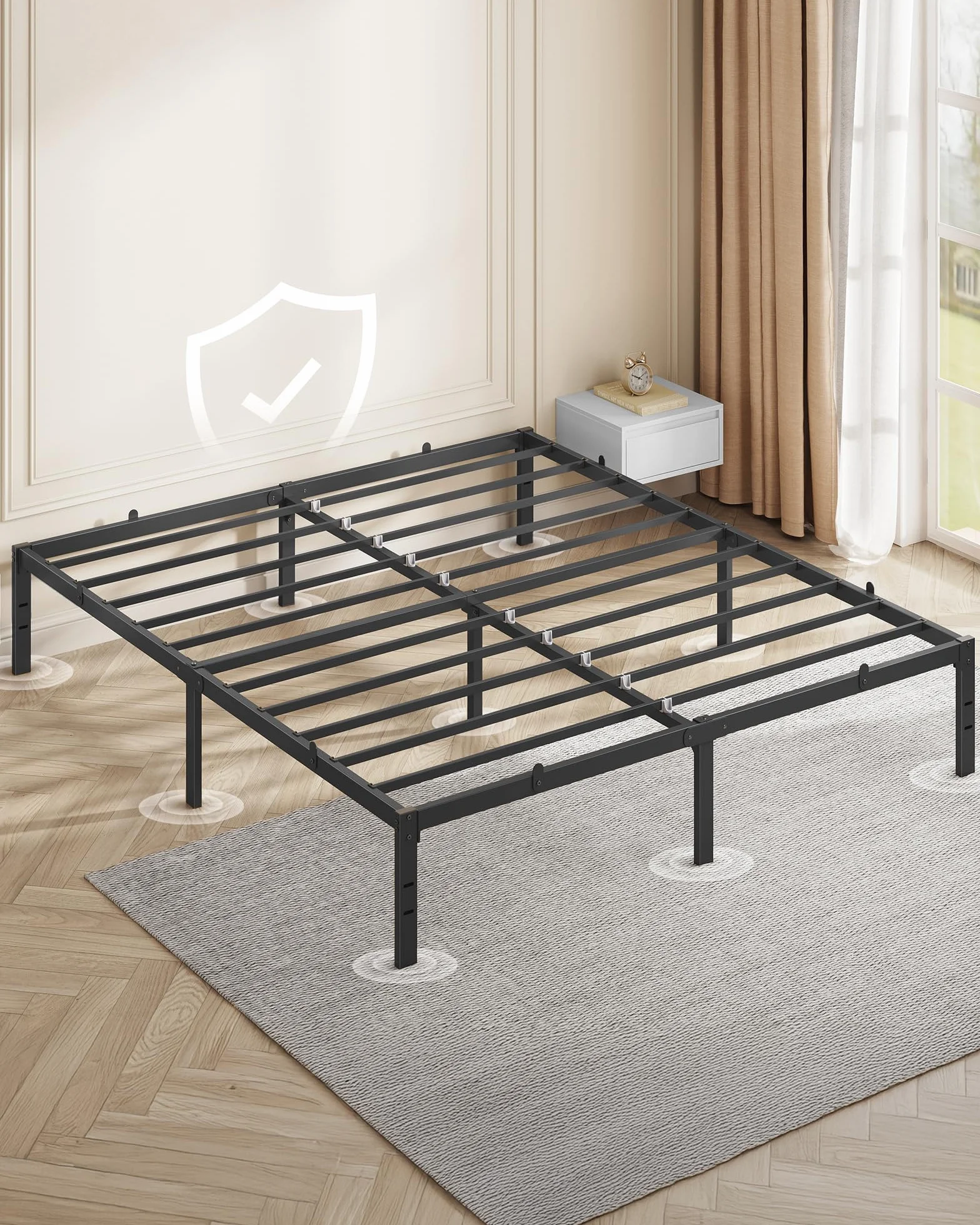 VASAGLE Rama łóżka podwójnego, 160 x 200 cm, łóżko metalowe, rama łóżka, schowek pod łóżkiem, nowoczesne, łóżko gościnne, łatwy montaż, atramentowa czerń RMB135B01