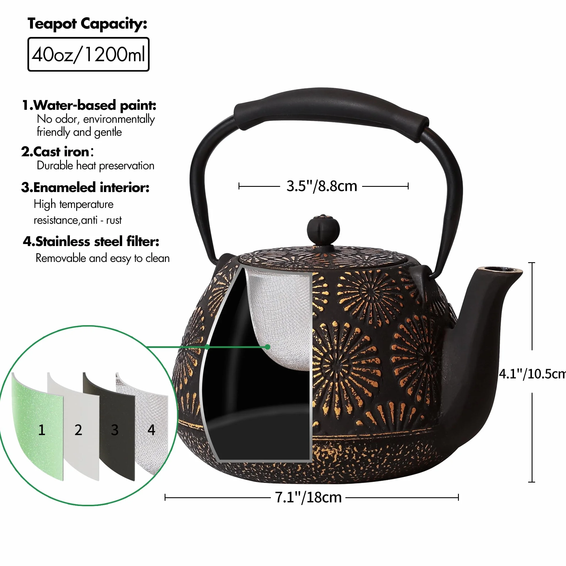 Czajniczek żeliwny 1200 ml japoński dzbanek do herbaty Sakura Design z zaparzaczem