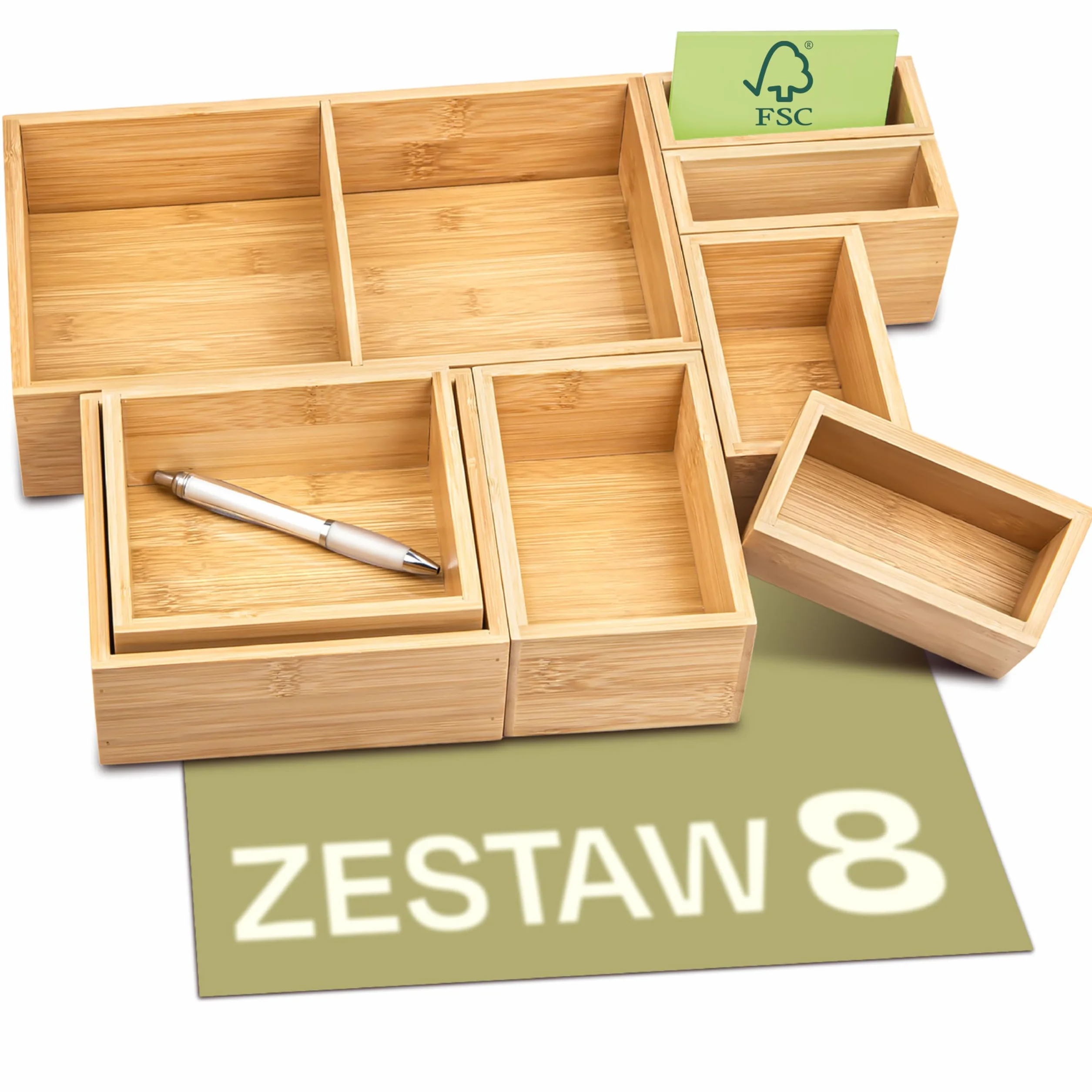 Zestaw 8 pudełek na organizery do szuflad - Wykonane z drewna bambusowego FSC - Z podkładkami antypoślizgowymi