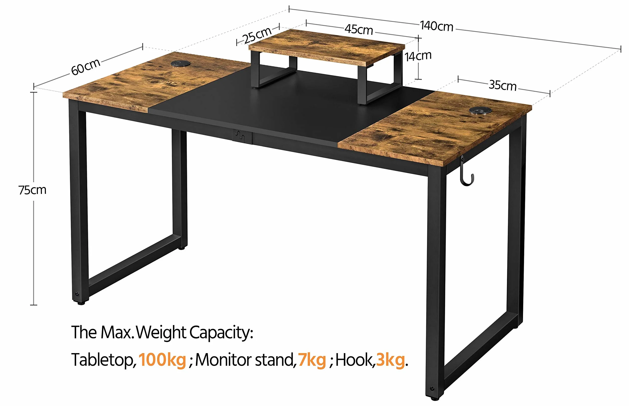 YaheetechStół Monitorowa Podstawka Biurko z 2 Oczkami Na Kable/Hak Rustykalny Brązowy 140x60x89cm