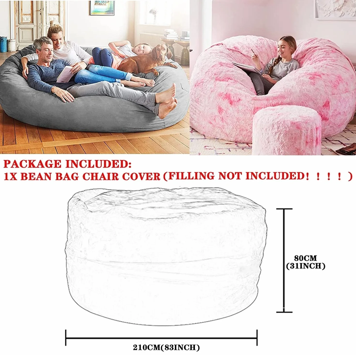 Giant Bean Bag 8ft Pokrowiec na Krzesło (bez wypełniacza) - Puszysty Futerkowy Worek Fasoli, Okrągły Leniwy Sofa na Łóżko (Color: Beige)