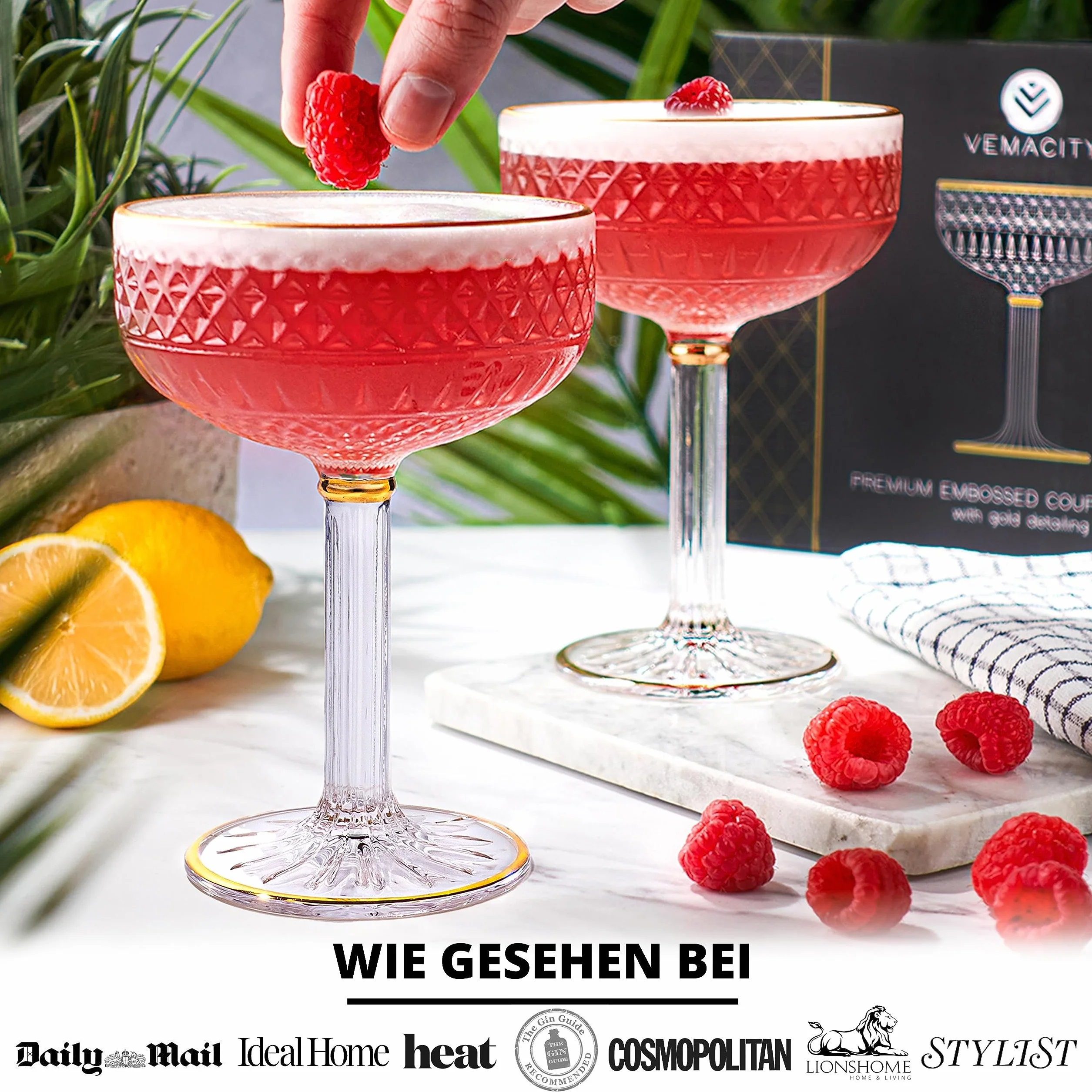 VEMACITY Zestaw 4 kieliszków do espresso Martini ze złotymi felgami, piękne, wzorzyste kieliszki Coupe, zestaw 4 sztuk, uniwersalne kieliszki do szampana, kosmopolitycznego, margarity, coupe martini.