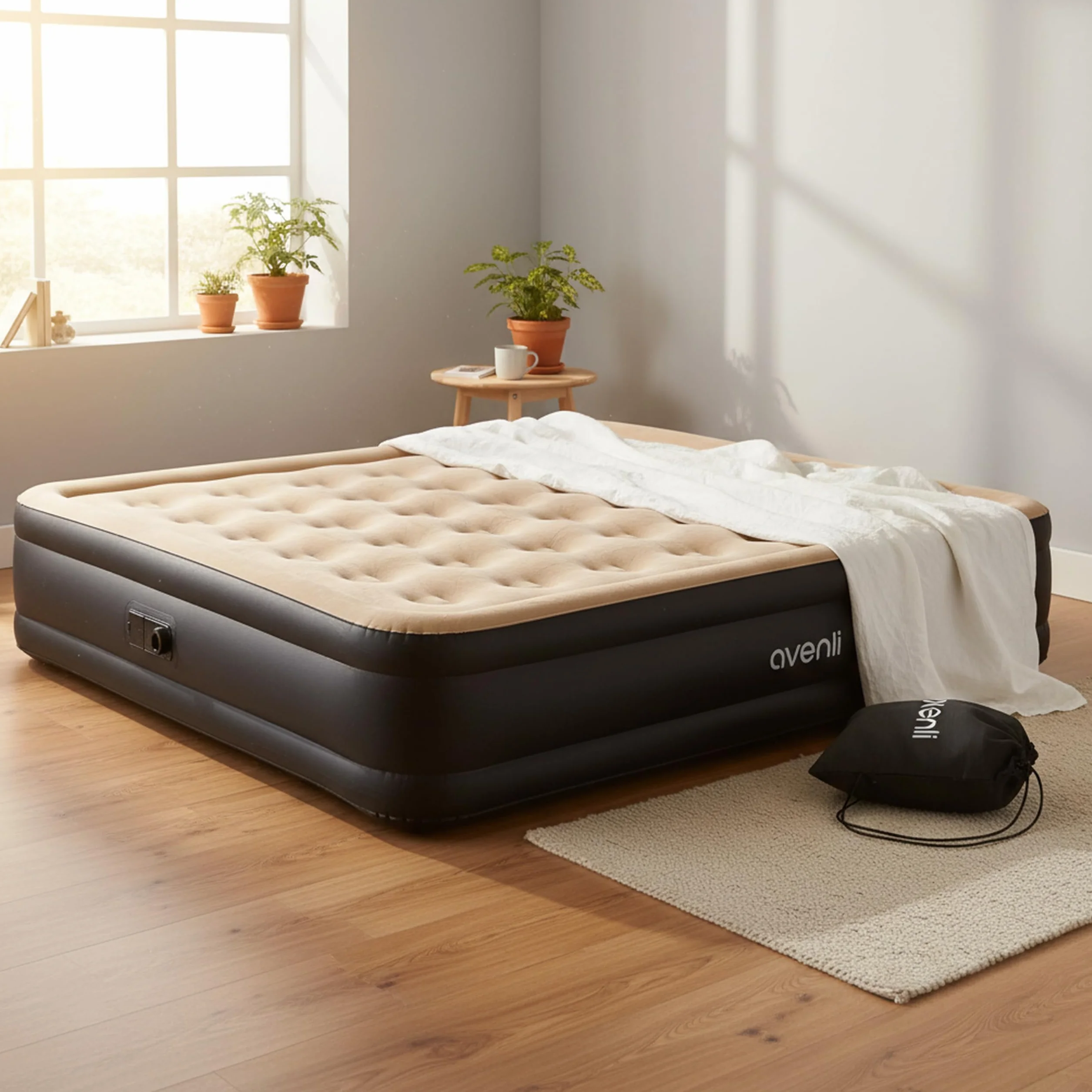 AVENLI Samopompujący Materac Powietrzny 203 x 157 x 47 cm – Nadmuchiwane Łóżko Gościnne z Wbudowaną Pompką – Materac Dmuchany 2 Osoby – Idealny do Domu, Kempingu i Podróży