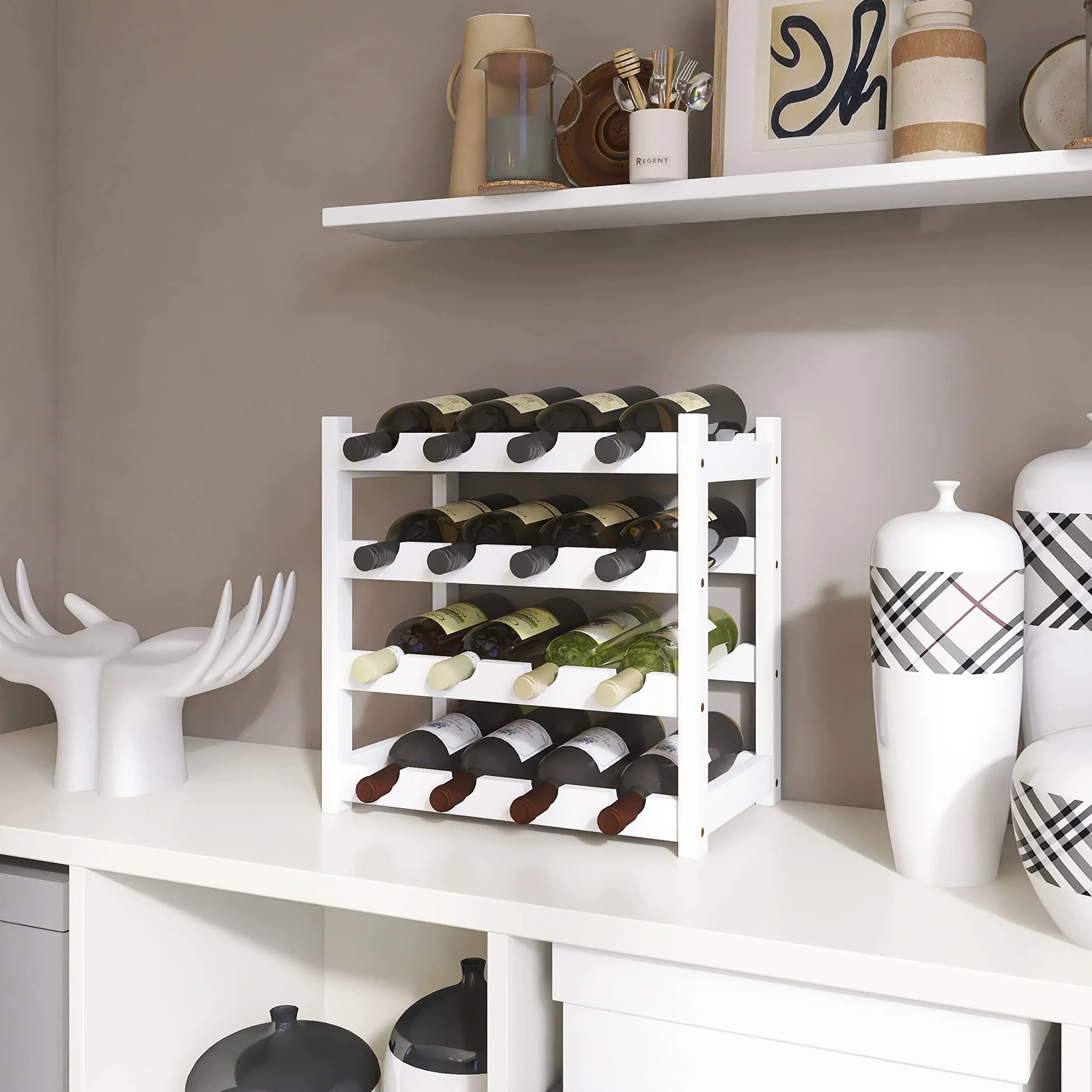 SMIBUY Bambusowy stojak na wino, stojak na wino na 16 butelek, 4-poziomowe półki do kuchni, spiżarni, piwnicy, baru (biały)