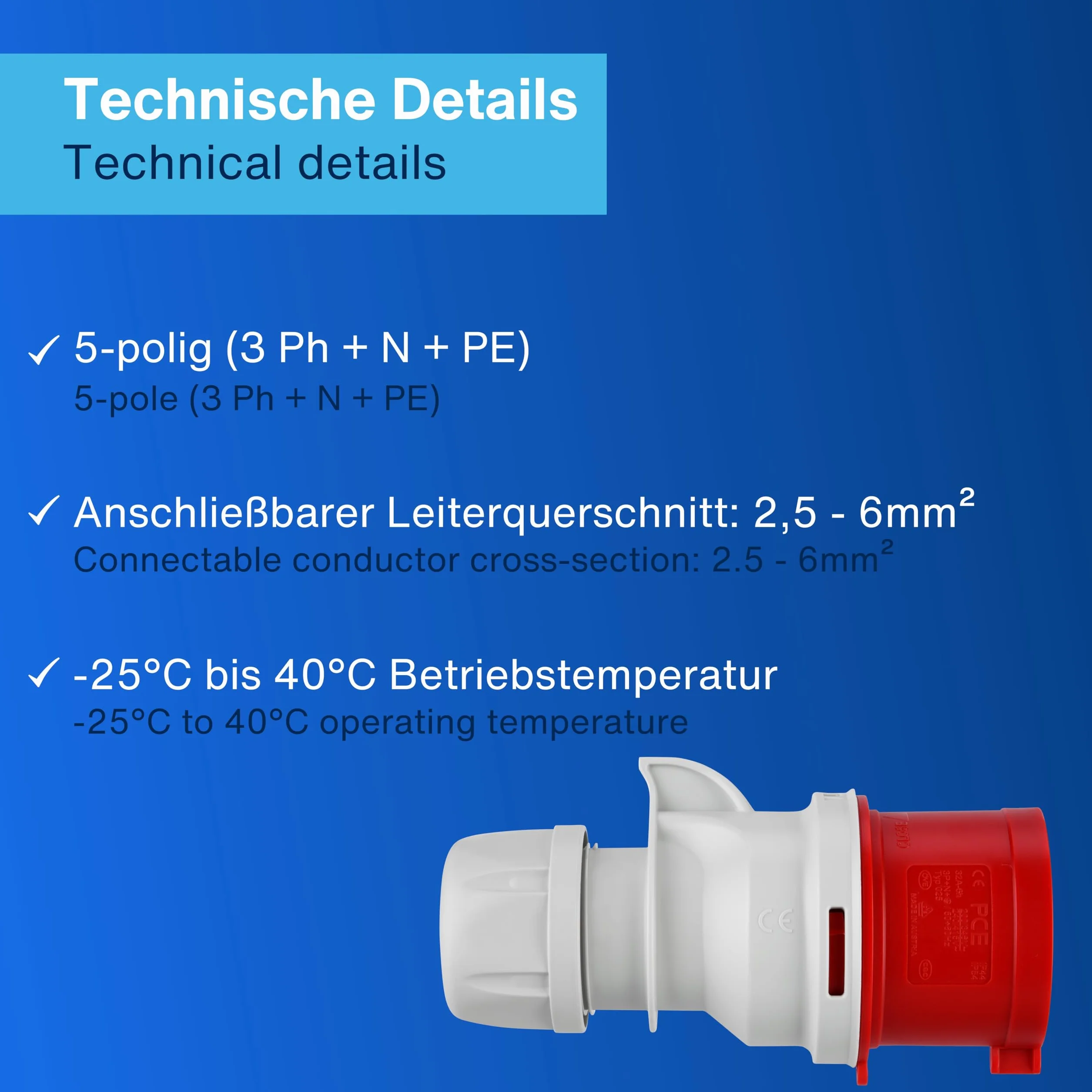 REV 0512540555 wtyczka CEE, 400 V, 32 A, 5-biegunowa, 3Ph+N+PE, wodoszczelna IP44, czerwona