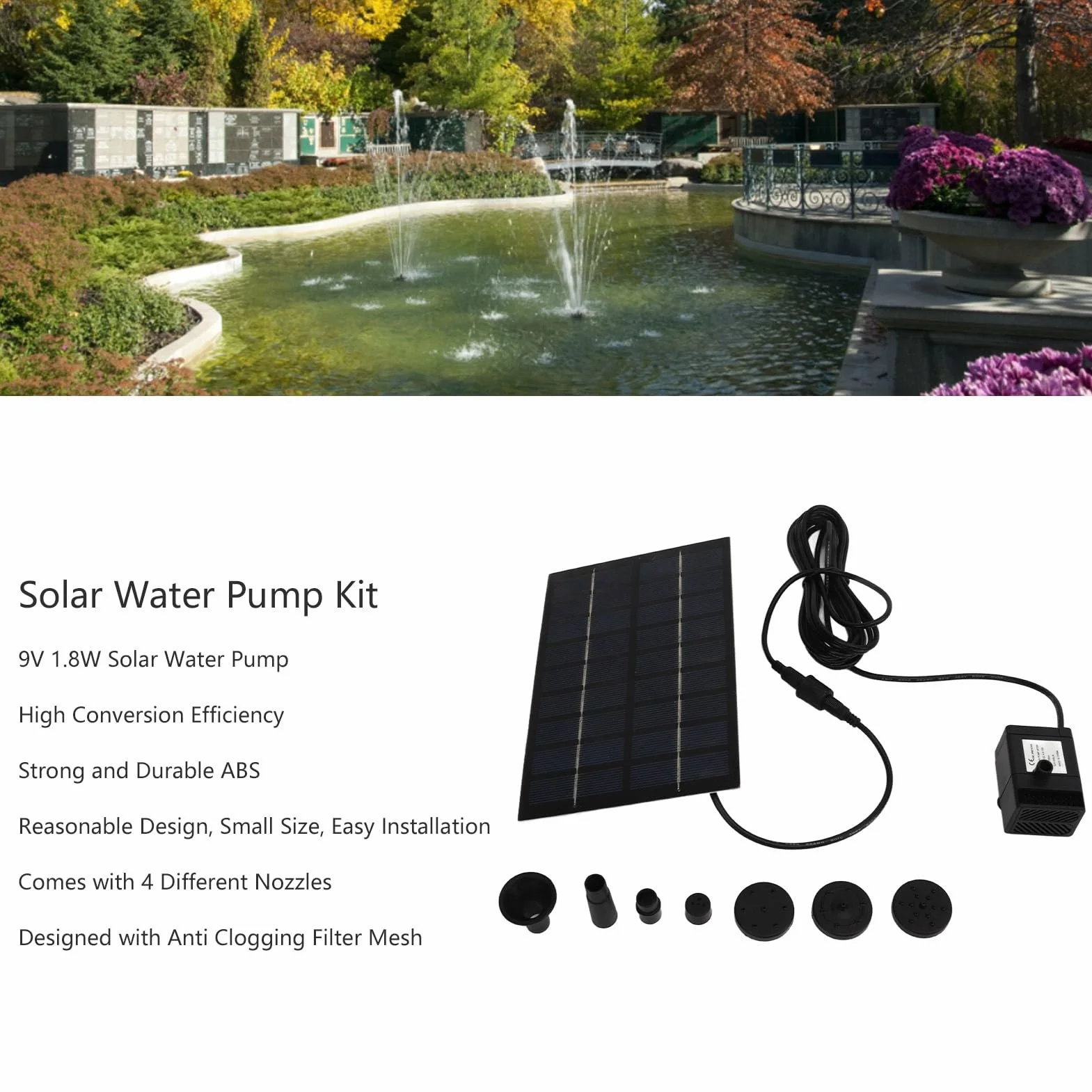 Fontanna Solarna, Zewnętrzna Solarna Pompa Wodna 1,8 W, łatwa W Montażu Fontanna Solarna z Panelem, 4 Dyszami i siatką filtracyjną zapobiegającą Zatykaniu do Kąpieli Ptaków, Stawów