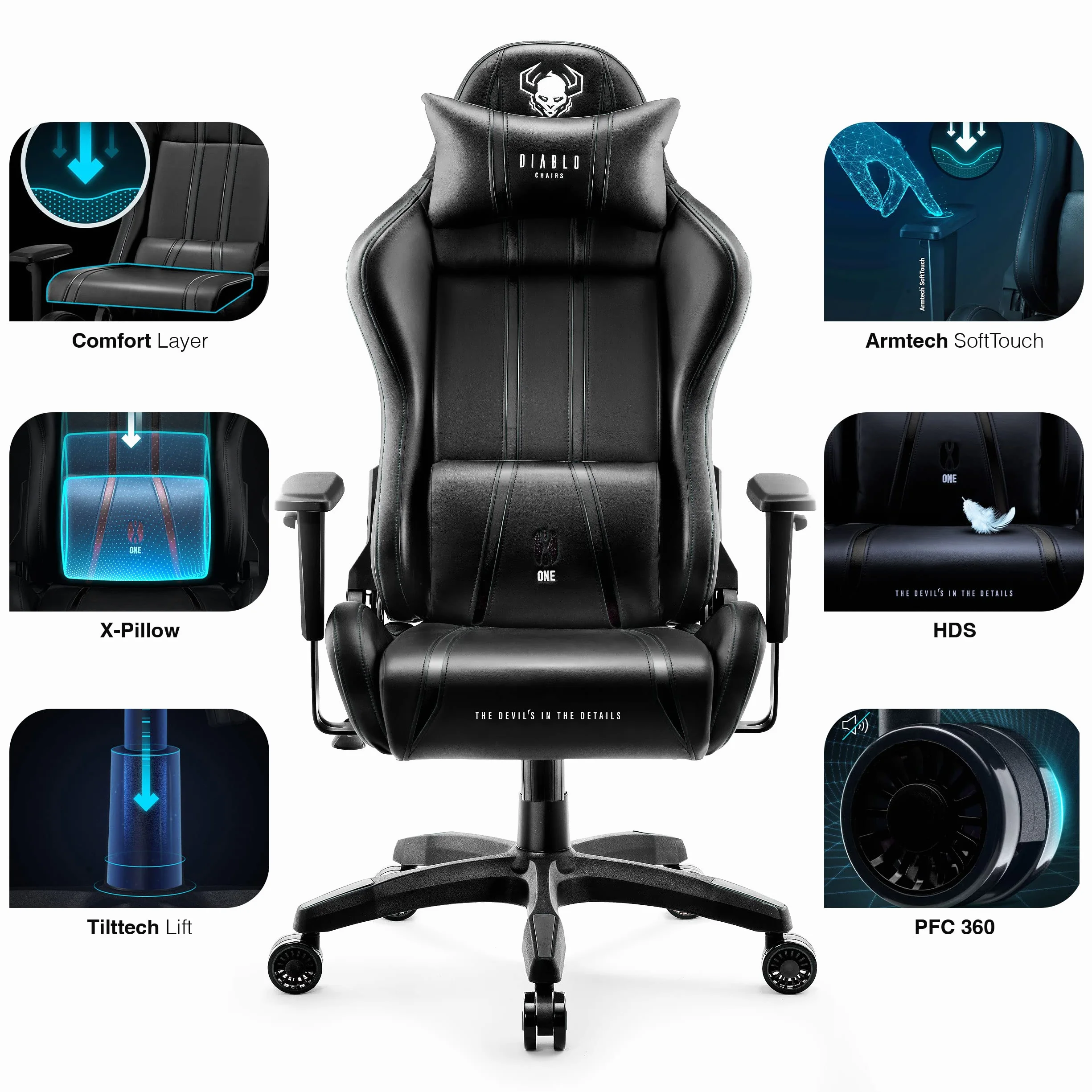 Diablo X-One 2.0 Fotel Gamingowy Krzesło Biurowe Dla Gracza Obrotowy Regulowane Podłokietniki Ekoskóra Ergonomiczny Design Funkcja Bujania Poduszka Pod Kark i Lędźwie (Czarno-czarny, Normal)