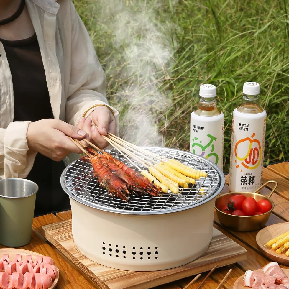 SANQIAHOME Przenośny grill na węgiel ze stali nierdzewnej, 25 cm, antypoślizgowy, okrągły, grill lub gorący garnek, wrząca woda, piec na węgiel drzewny do domu, na imprezę na świeżym powietrzu,