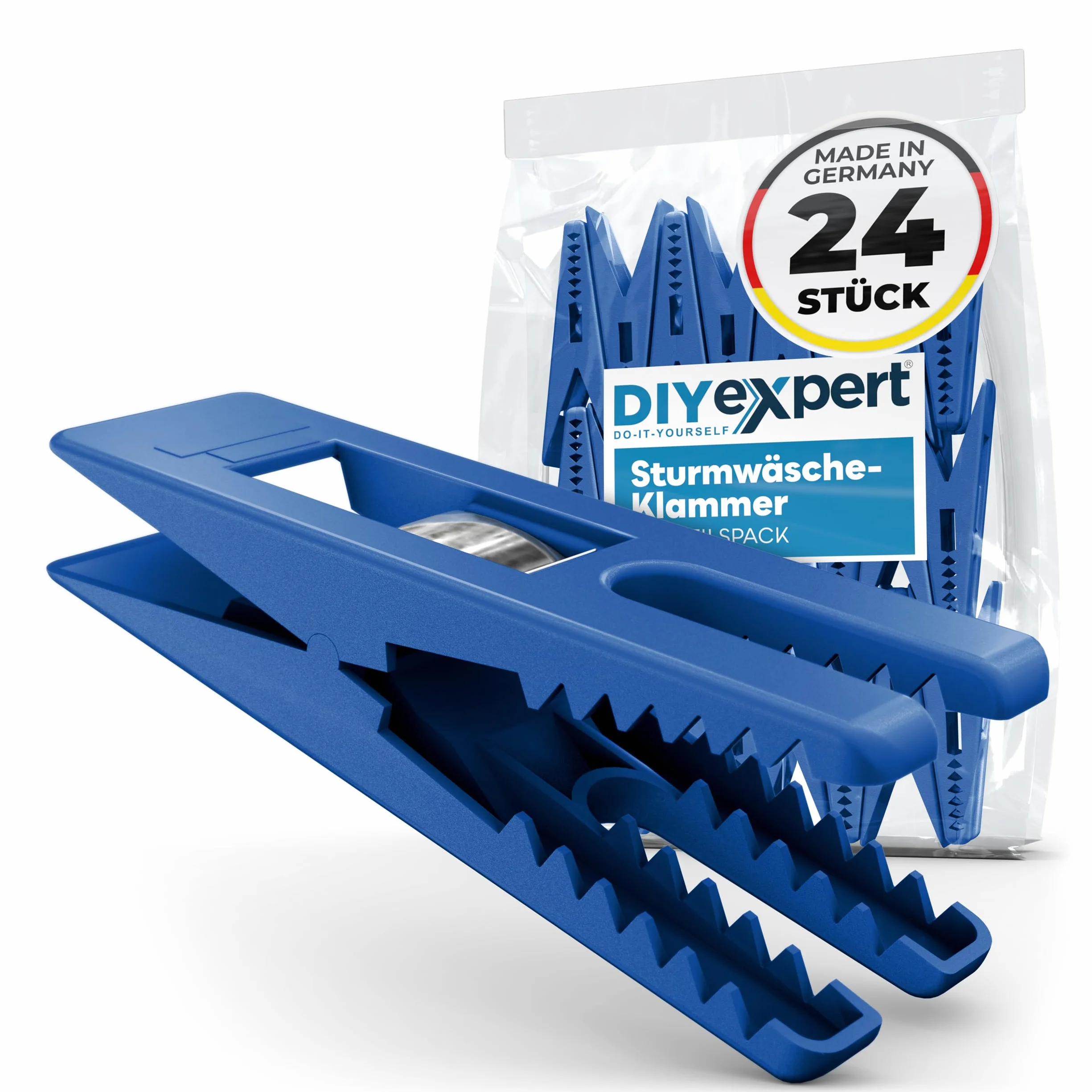 DIYexpert® 24 x klamerki do bielizny Storm 70 x 20 mm, uniwersalne klamerki - Made in Germany, niebieskie