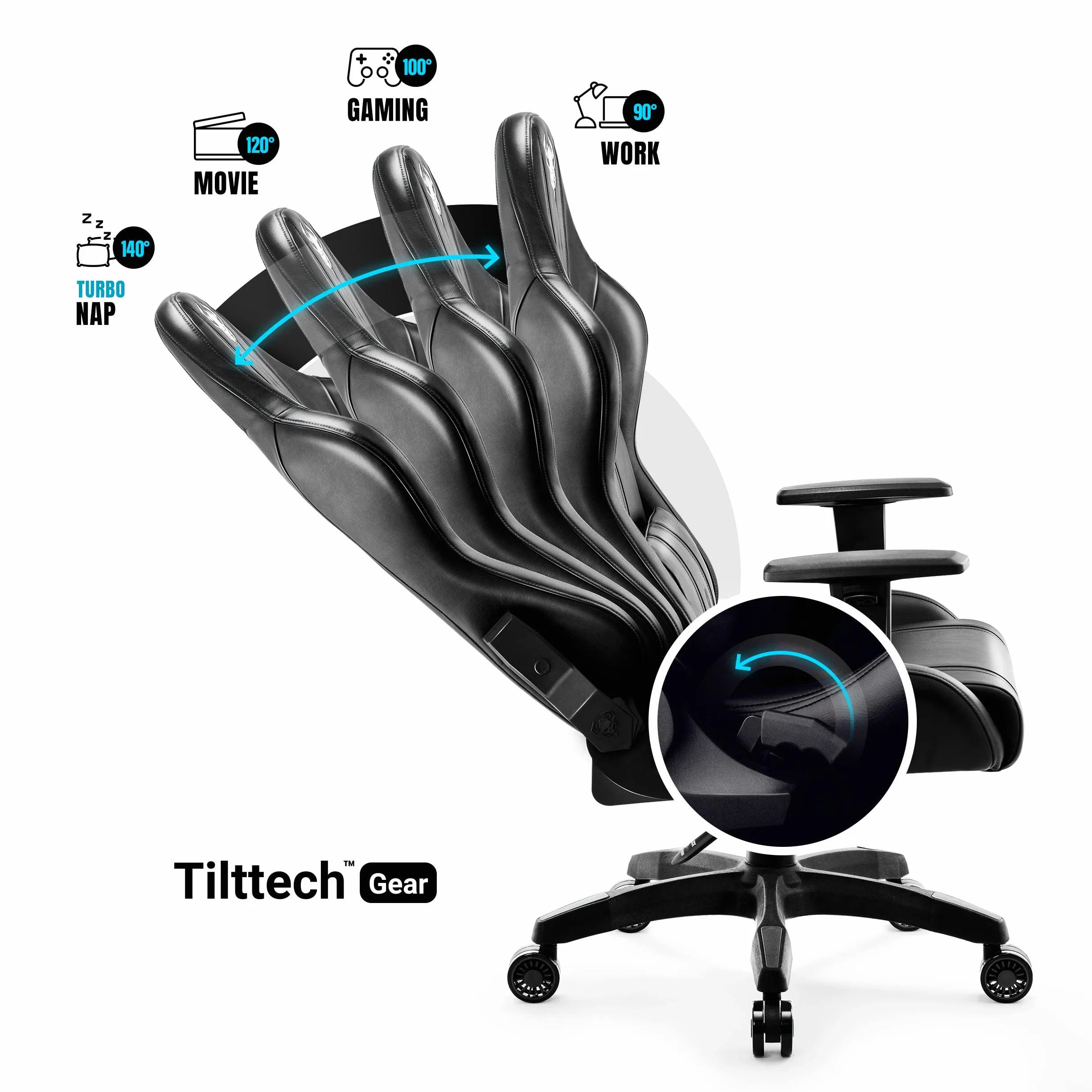 Diablo X-One 2.0 Fotel Gamingowy Krzesło Biurowe Dla Gracza Obrotowy Regulowane Podłokietniki Ekoskóra Ergonomiczny Design Funkcja Bujania Poduszka Pod Kark i Lędźwie (Czarno-czarny, Normal)