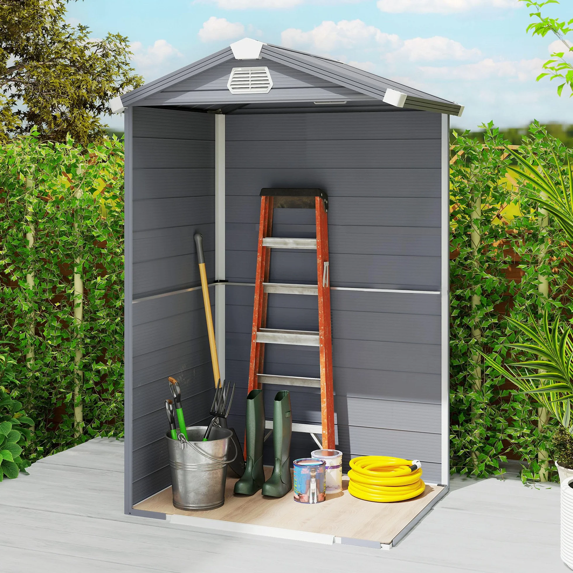 Outsunny Domek na narzędzia 1,1 m², szopa na narzędzia z dachem dwuspadowym, 133 x 102 x 208 cm, szopa z tworzywa sztucznego, z zamykanymi drzwiami, otworem wentylacyjnym, fundamentem, do ogrodu