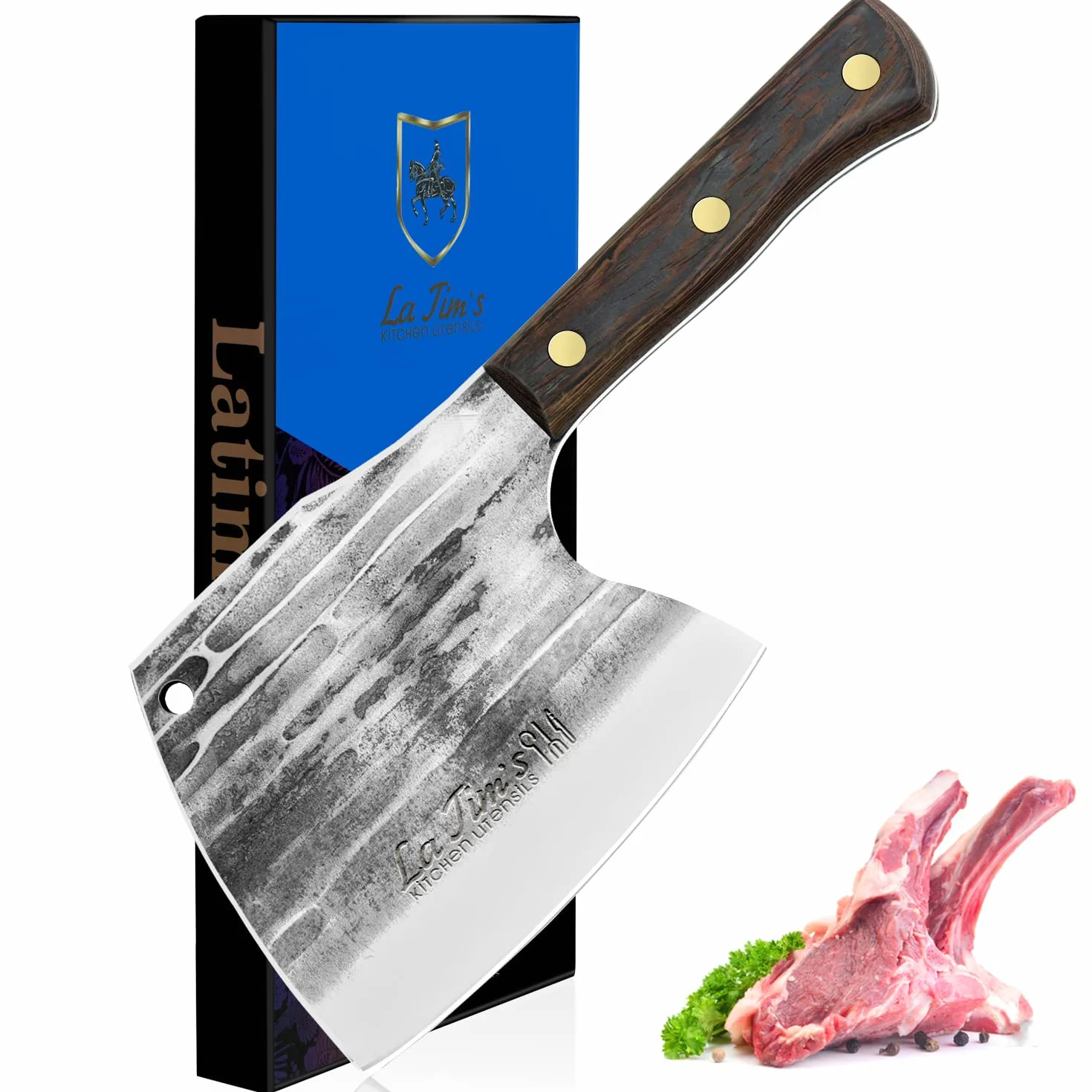 Ręcznie kuty nóż do mięsa ze stali węglowej 0.85kg, nóż rzeźny do kości, uchwyt z litego drewna