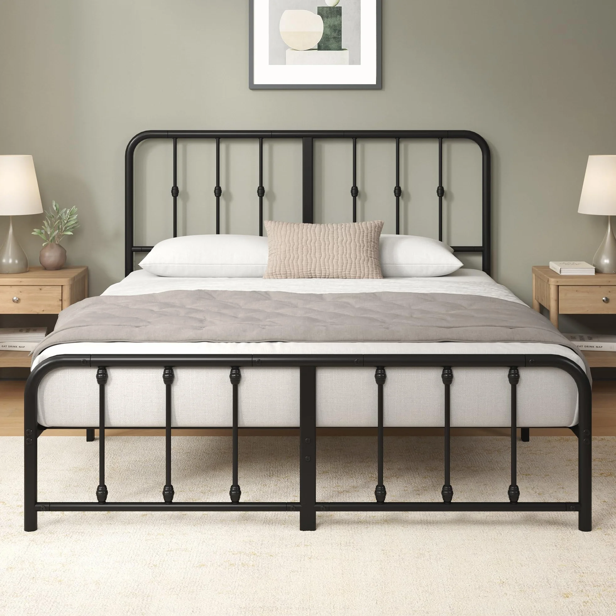 Zinus Florence Łóżko 140 x 200 cm – 35 cm wysokości – metalowa rama łóżka z zagłówkiem i podnóżkiem – łóżko ze stelażem – rama łóżka w stylu vintage – miejsce do przechowywania pod łóżkiem – czarne