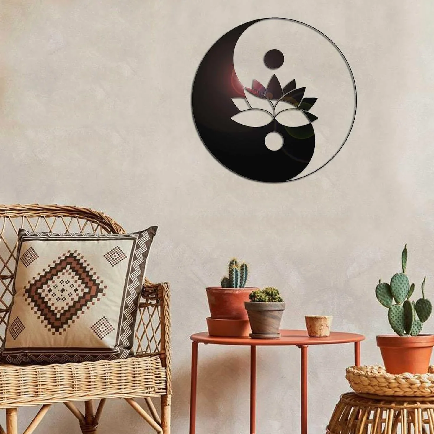 Dekoracja ścienna, metalowa sztuka ścienna, dekoracja ścienna z symbolem kwiatu lotosu Yin Yang, sztuka medytacji zen 3D sylwetka ścienna, do dekoracji ściennej domu (23,6 cala/60 cm)(23.6IN/60CM)