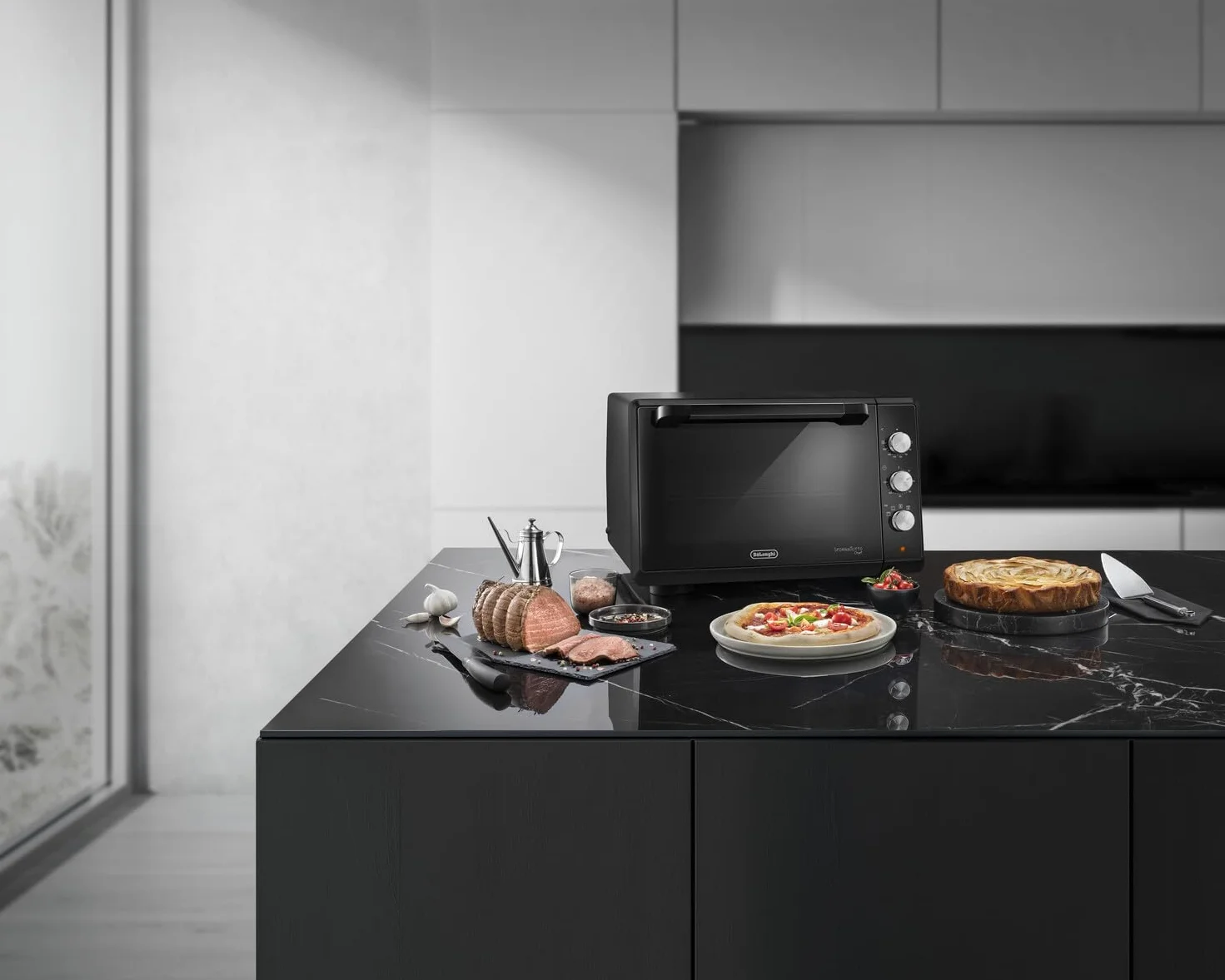 De'Longhi Piec szefa kuchni EO34302 Wentylowany piekarnik elektryczny z 5 poziomami gotowania, podwójne szklane drzwi, temperatura 80-230°C, 120 cali, w zestawie blacha do pieczenia i grill, pojemność