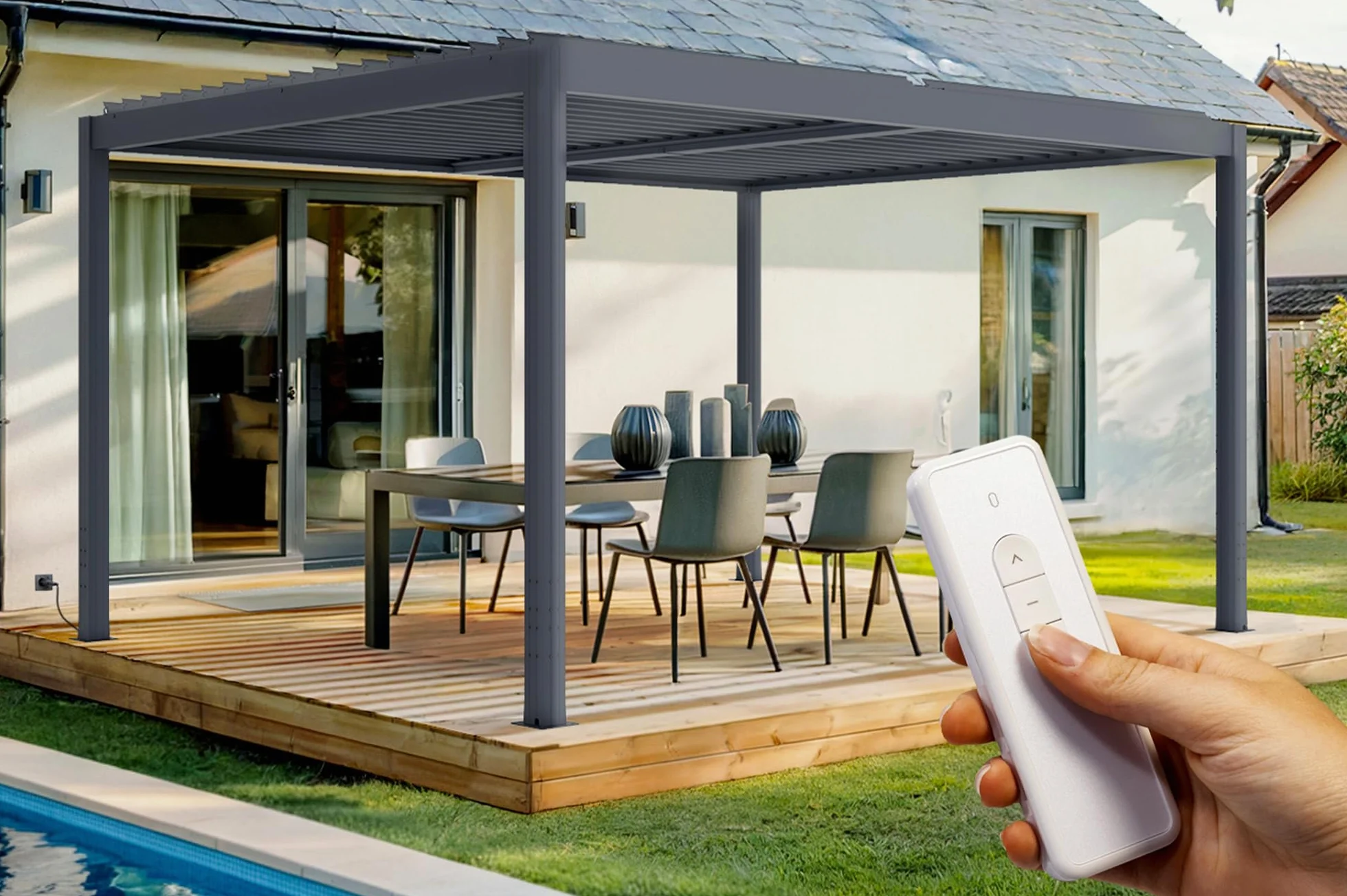 Cazeboo SANTA 4x3m szara aluminiowa pergola bioklimatyczna z napędem elektrycznym