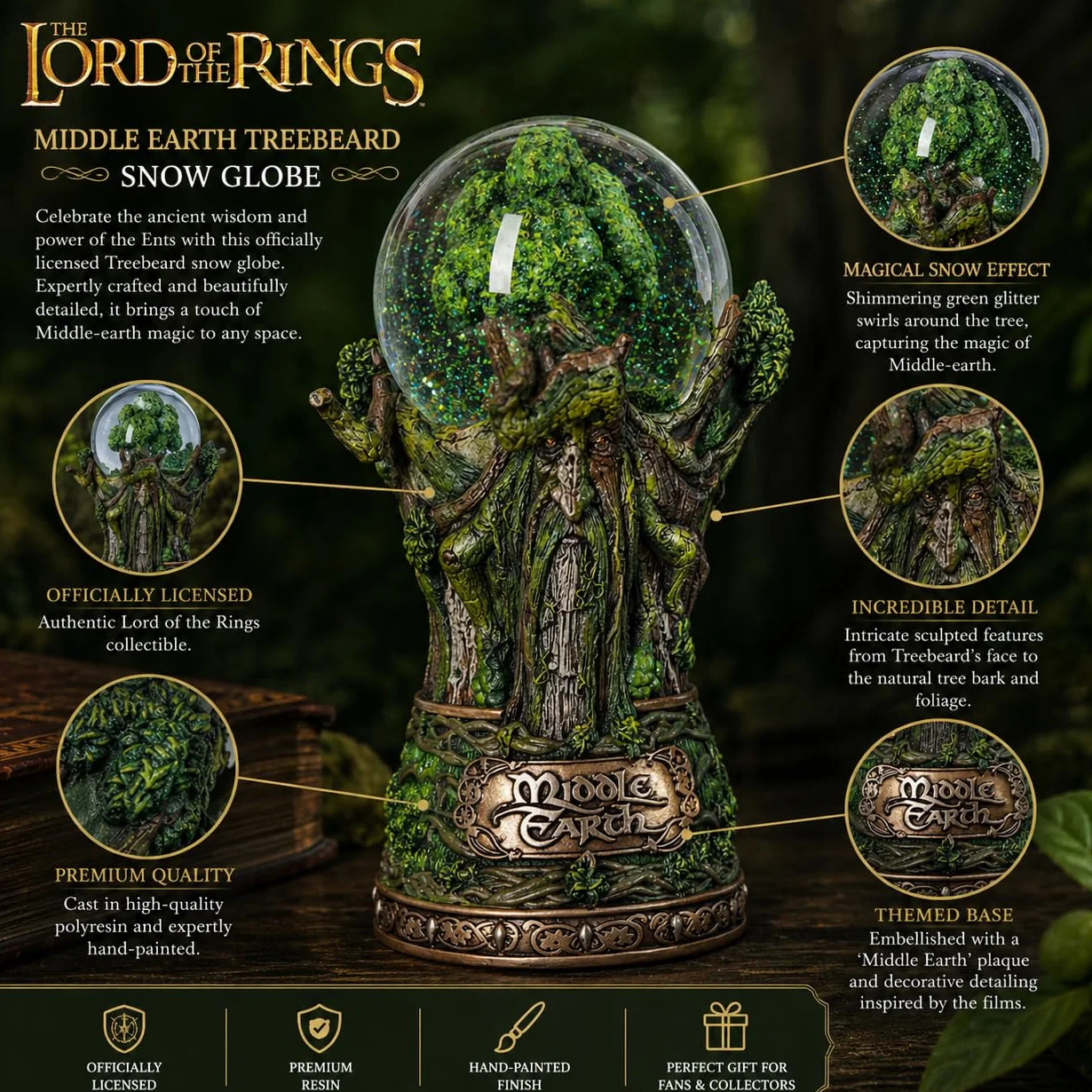 Nemesis Now Oficjalnie licencjonowany Władca Pierścieni Śródziemie Treebeard Snow Globe, Zielona, 22,5 cm