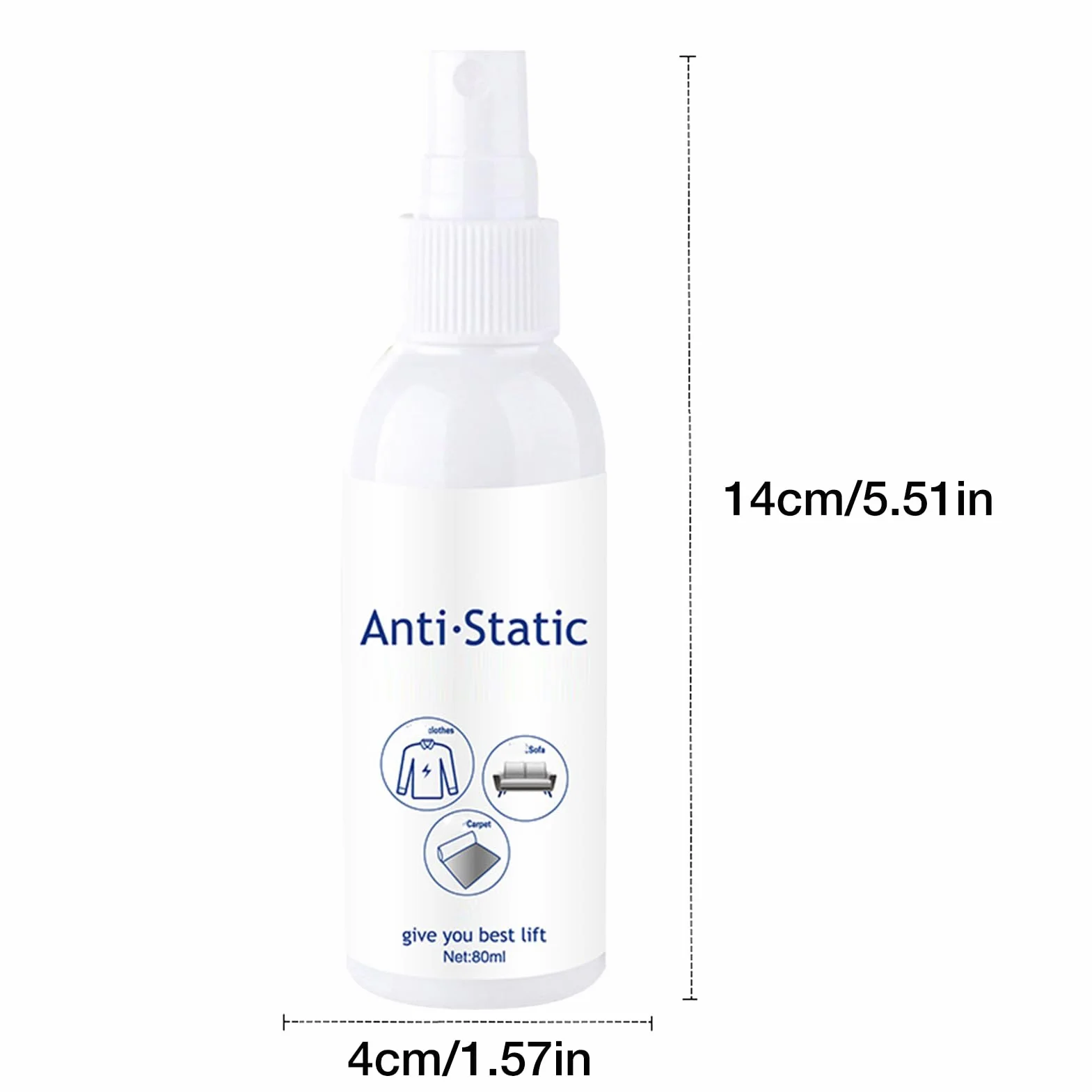 Antystatyczny spray, 80 ml, natychmiastowe usuwanie statycznego ładowania włosów i tekstyliów, natychmiastowe działanie i długotrwałe działanie, płyn do płukania, pielęgnacja ubrań i dywanów