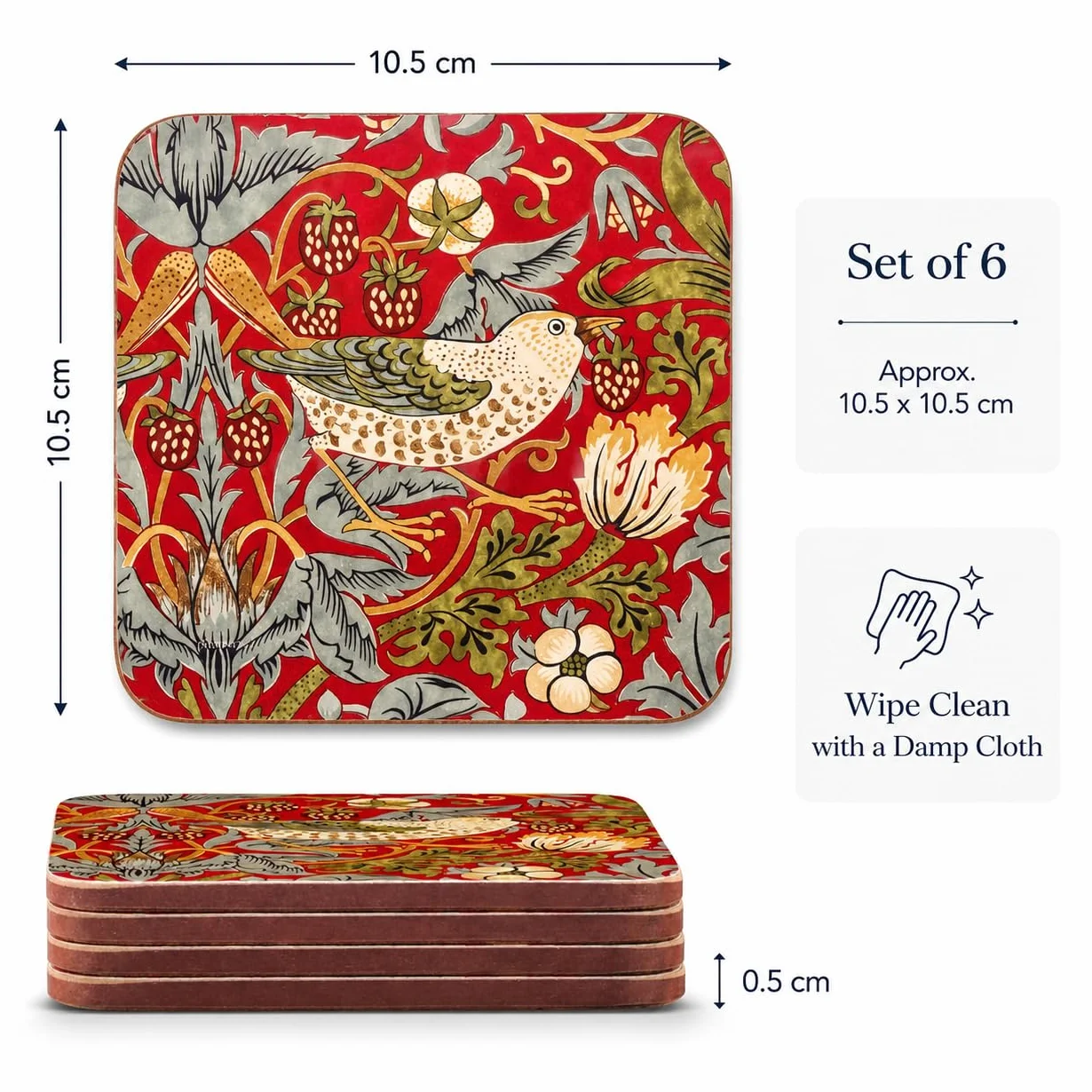 Portmeirion Pimpernel Strawberry Thief czerwone podstawki zestaw 6 sztuk 10,5 x 10,5 x 0,58 cm
