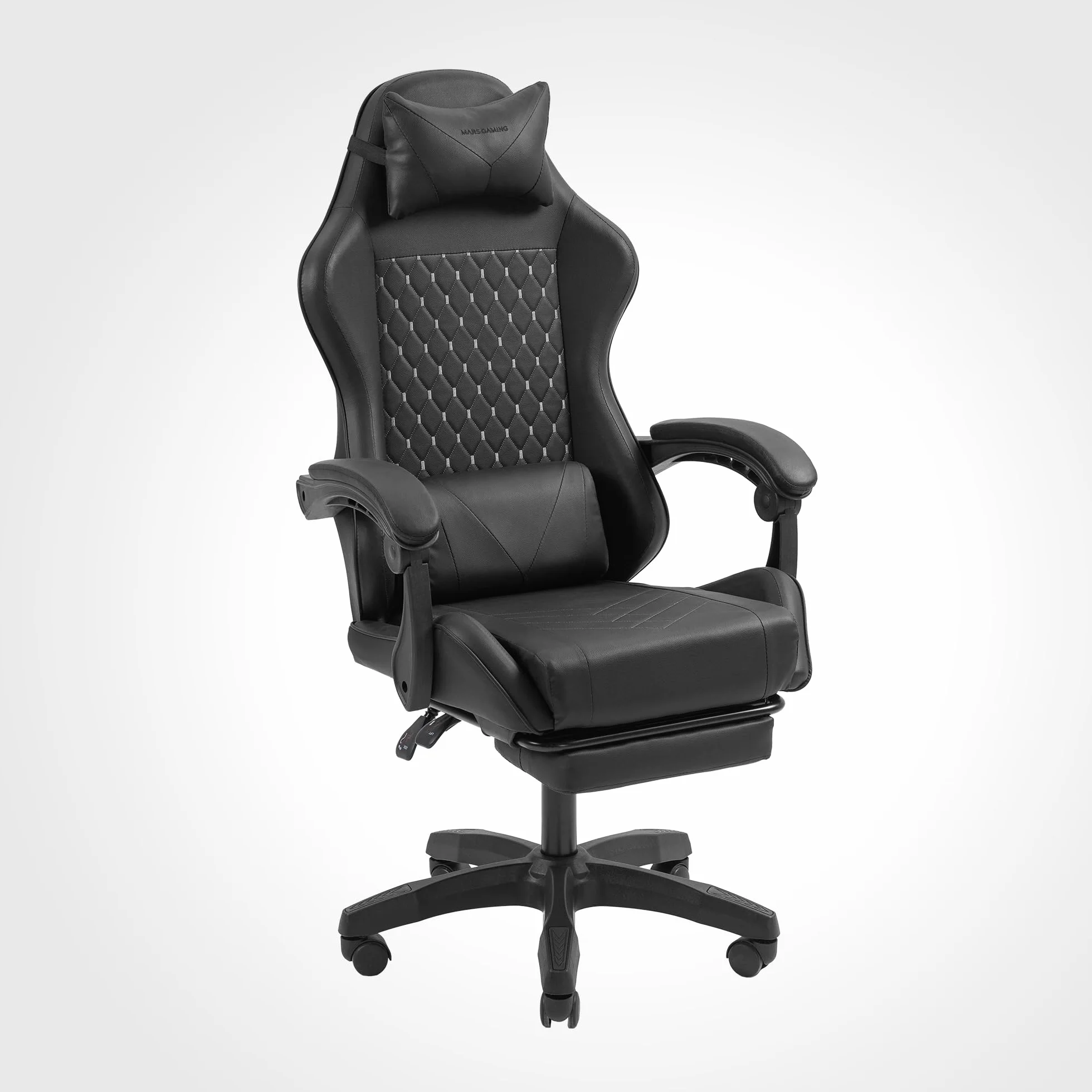 Mars Gaming MGC-X, Ergonomiczny Fotel Gamingowy, Skóra Syntetyczna, Odchylane Oparcie i Regulowana Wysokość, Dynamiczne Podłokietniki, Poduszka Szyjna i Lędźwiowa, Wysuwanym Podnóżkiem, Czarny