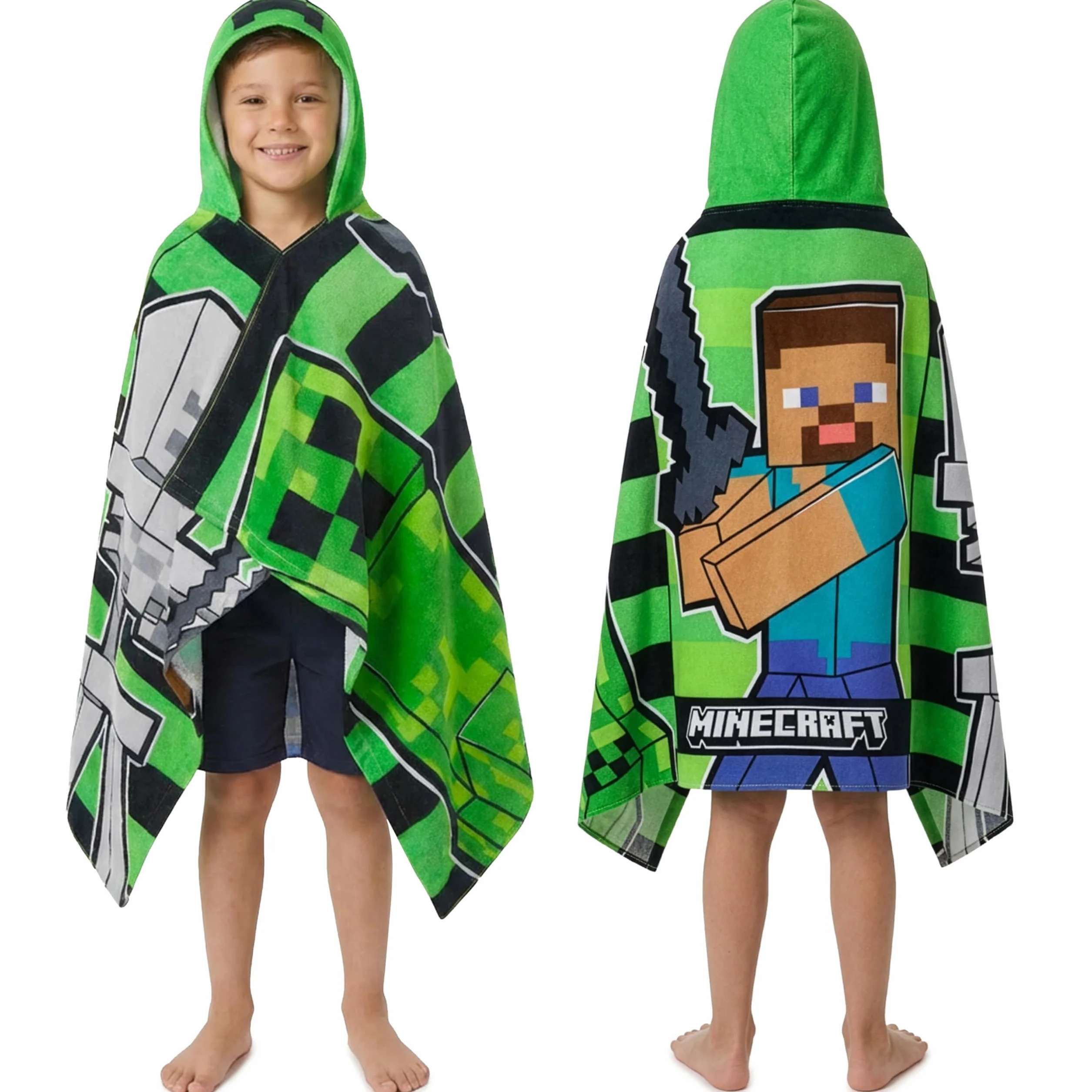 Minecraft Ręcznikowe ponczo dziecięce nastolatki ręczniki kąpielowe z kapturem chłonny ręcznik plażowy (zielony/czarny, 6-14 lat)