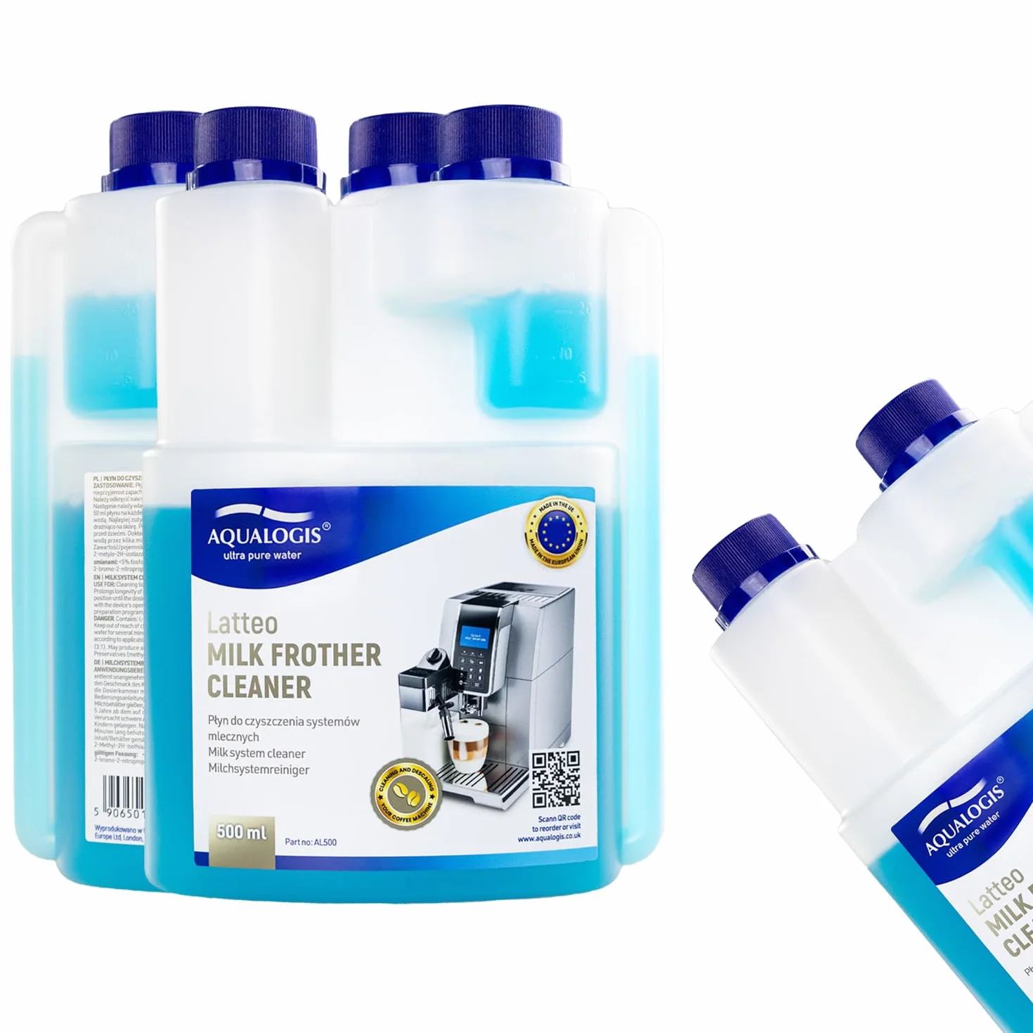 Aqualogis Płynny płyn do czyszczenia pozostałości mleka do ekspresów do kawy, systemów i urządzeń - 500 ml - gospodarstwo domowe, domowe i komercyjne 0,5 l