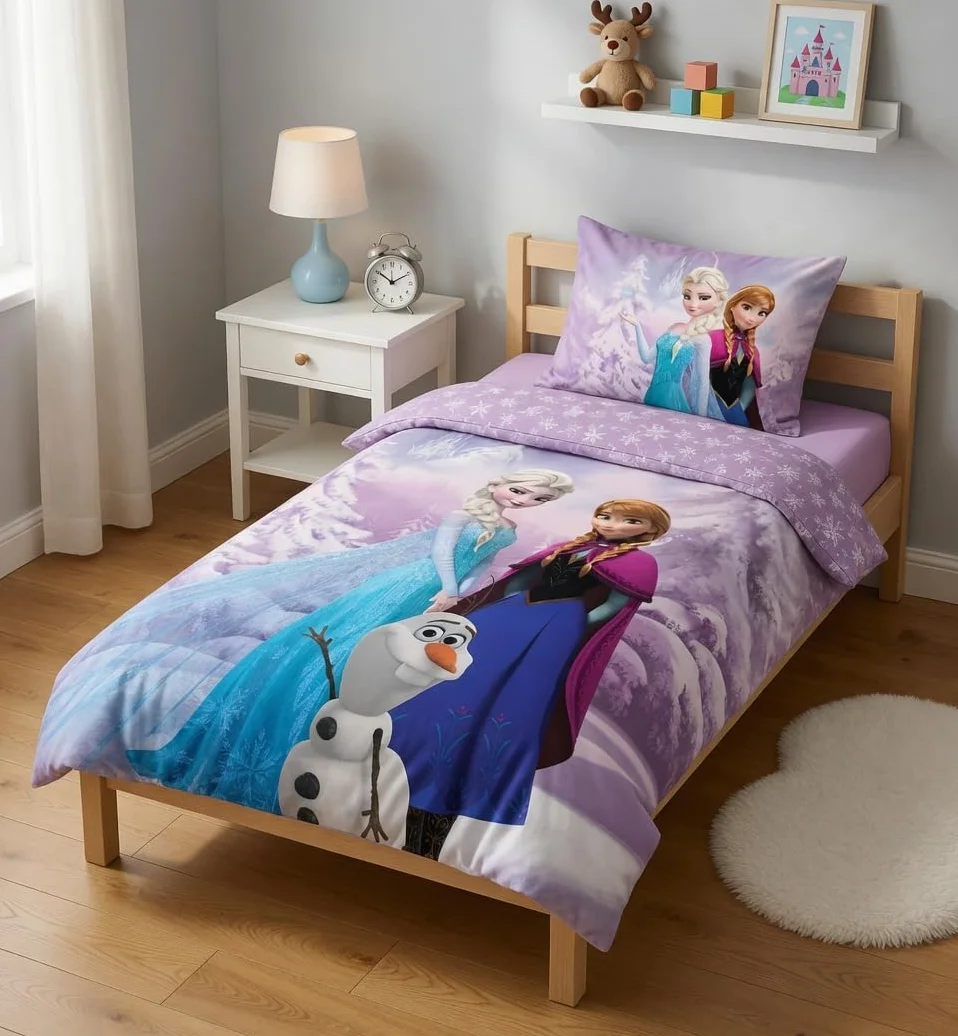 Komplet pościeli Królowej Śniegu, 100% bawełna, poszwa na kołdrę na małe łóżko 100 x 135 cm + poszewka na poduszkę 40x60 cm, dwustronna, z Elsą, Anną i Olafem