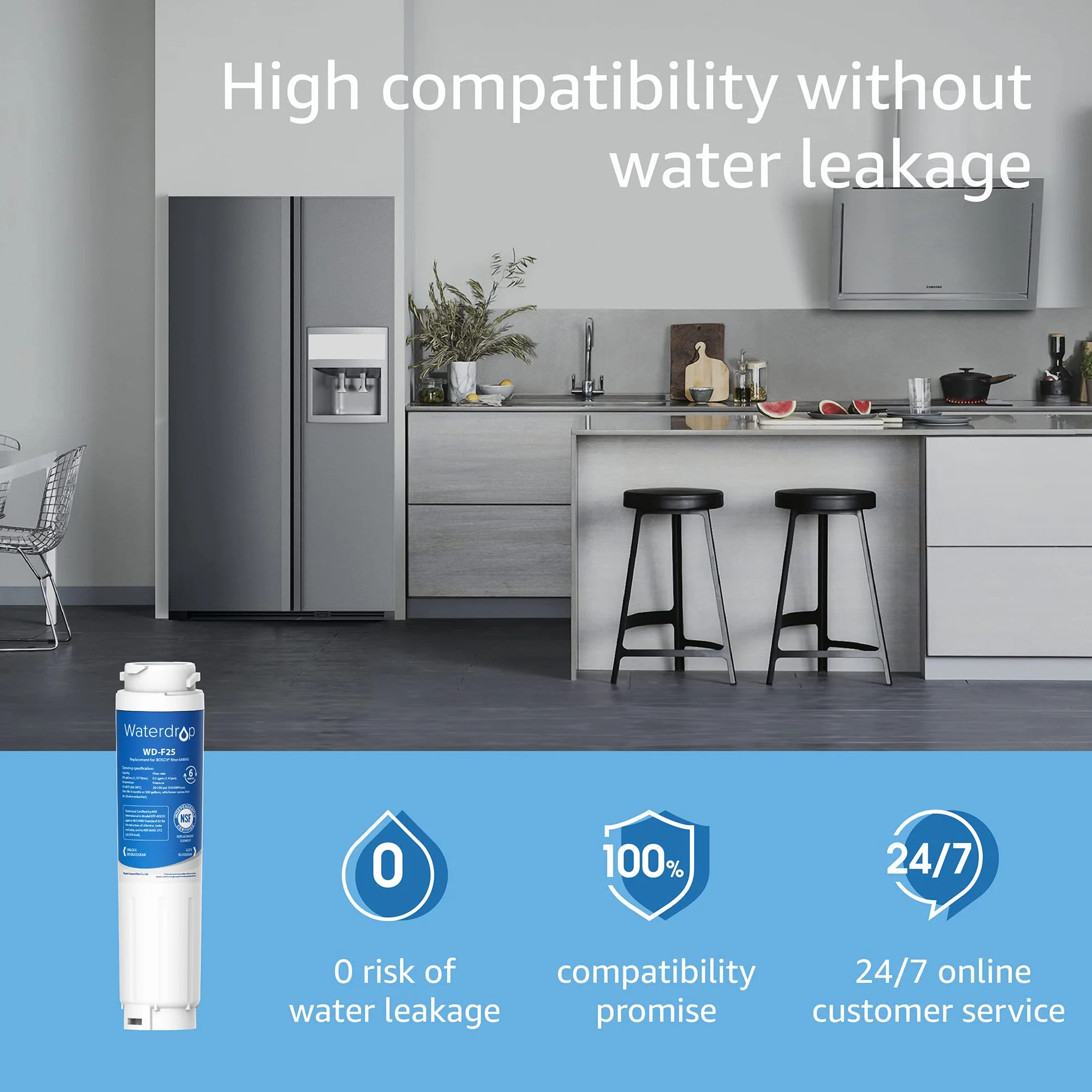 2X Waterdrop 644845 Filtr do Wody do Lodówki, Kompatybilny z Bosch Ultra Clarity 644845, Siemens Neff Miele 740560 00740560 9000194412 REPLFLTR10; 0060820860 0060218743; Wkład Bypass (2)