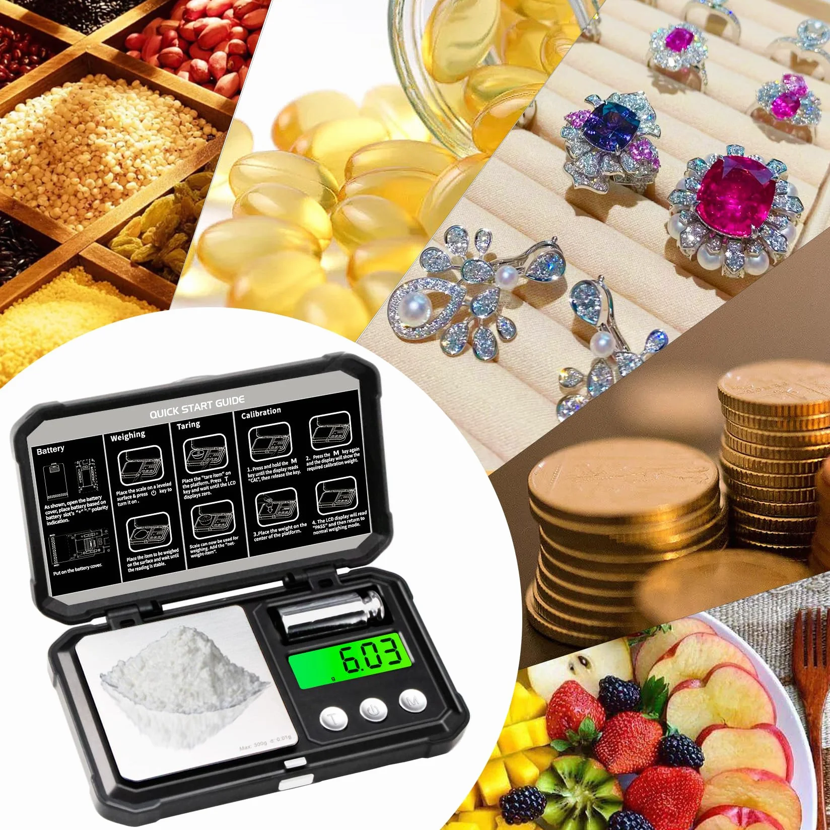 GRAM PRES Cyfrowa kieszonkowa waga gramowa 300 g x 0,01 g dokładność, mała mini precyzyjna waga biżuteryjna, cyfrowa waga gramów i oz, dla złota, diamentu, strzał, proszków i medycyny, z 50 g wagami