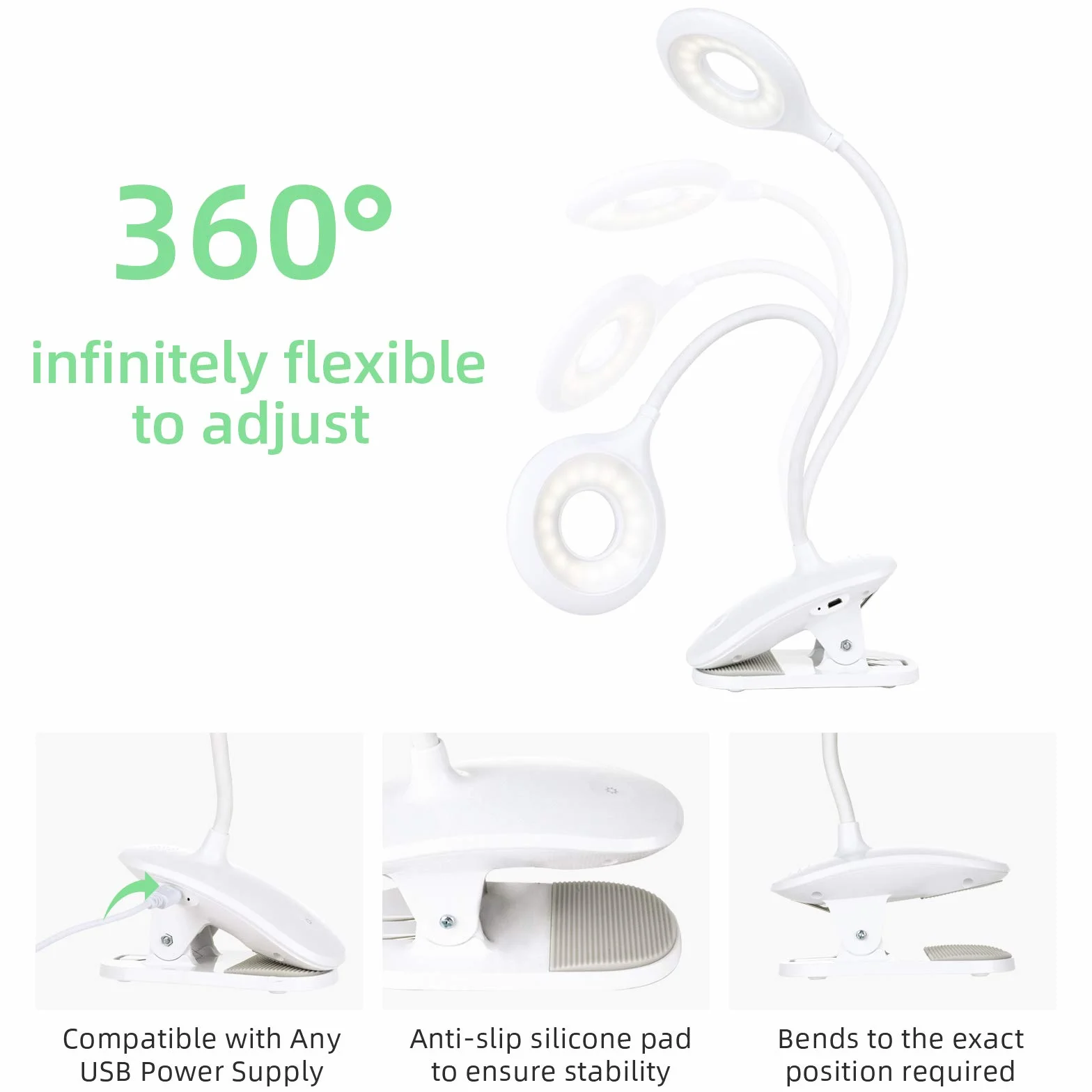 OUSFOT Lampka do Czytania Zacisk Książki z 3 Jasnościami USB Akumulator Dotykowy z Przełącznikiem 360° Elastyczna Ochrona Oczu Lampa Zaciskowa Lampa Biurkowa Dzieci Zacisk Swiatło do Lóżka Książki